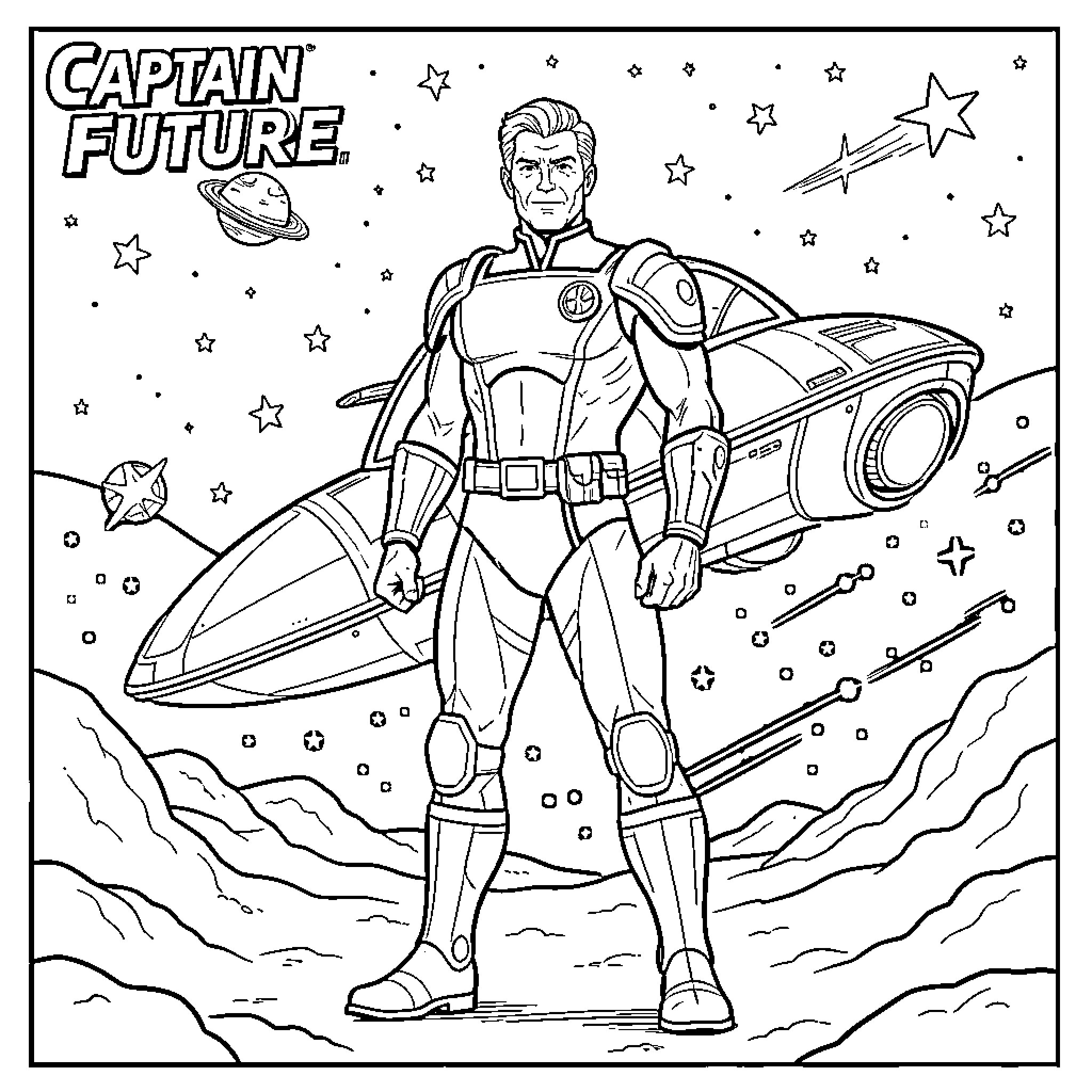 Captain Future standing heroically in front of a spaceship Coloring Page (free black-and-white line drawing printable PDF for all, from beginners to advanced learners, including children, teens, adults, and seniors)