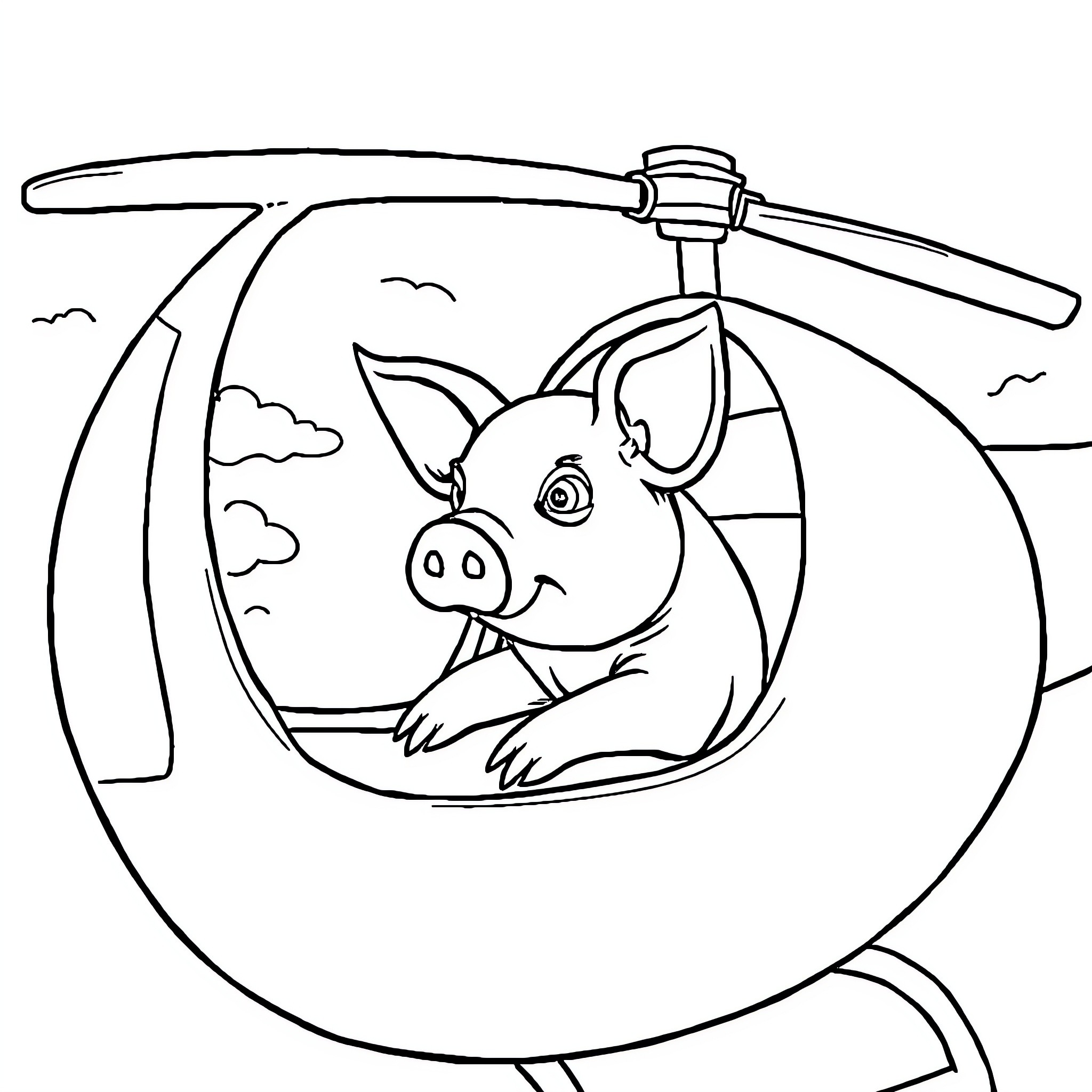 Pig flying in a helicopter Coloring Page (free black-and-white line drawing printable PDF for all, from beginners to advanced learners, including children, teens, adults, and seniors)