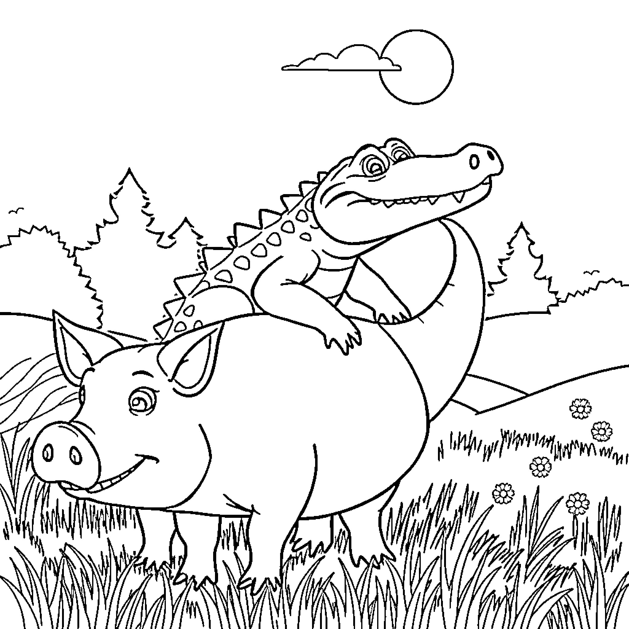 Alligator riding playfully on a pig in the countryside Coloring Page (free black-and-white line drawing printable PDF for all, from beginners to advanced learners, including children, teens, adults, and seniors)