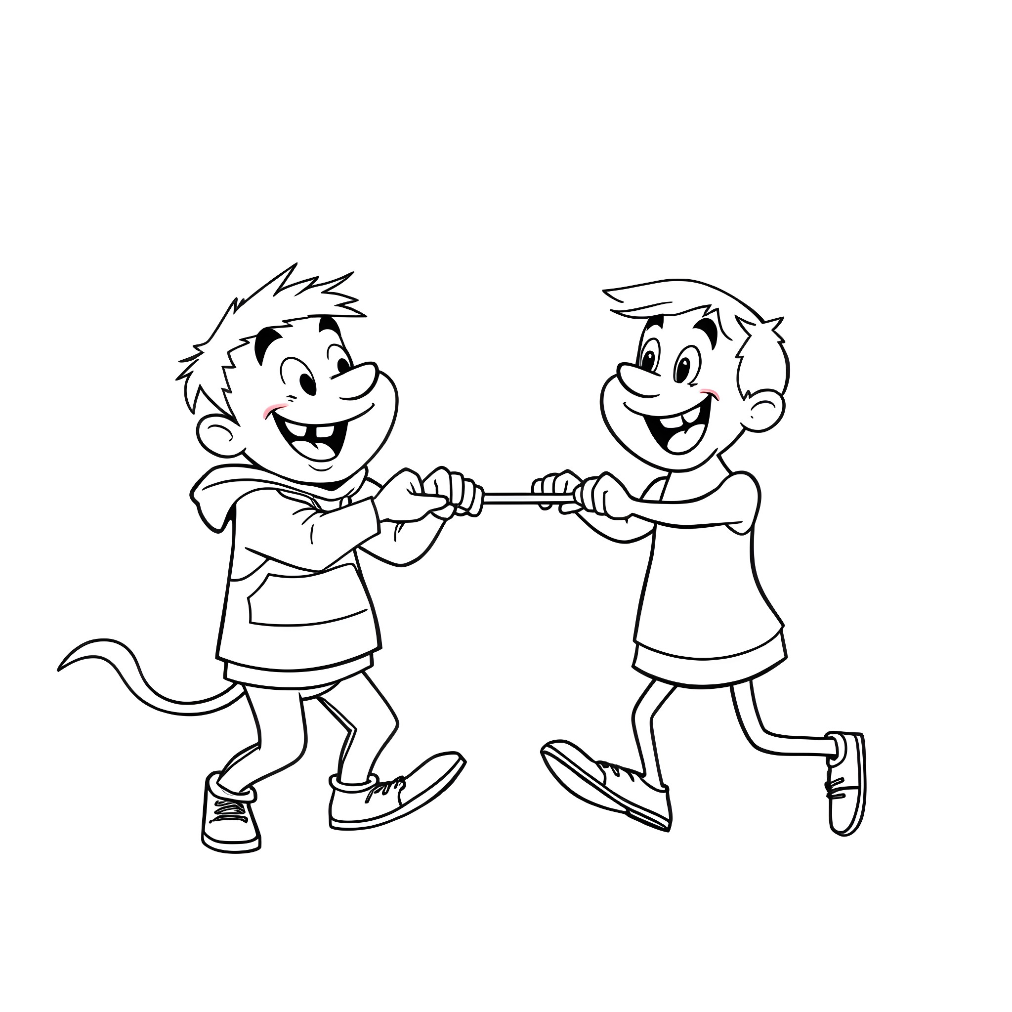 Breast friends enjoying a playful tug-of-war Coloring Page (free black-and-white line drawing printable PDF for all, from beginners to advanced learners, including children, teens, adults, and seniors)