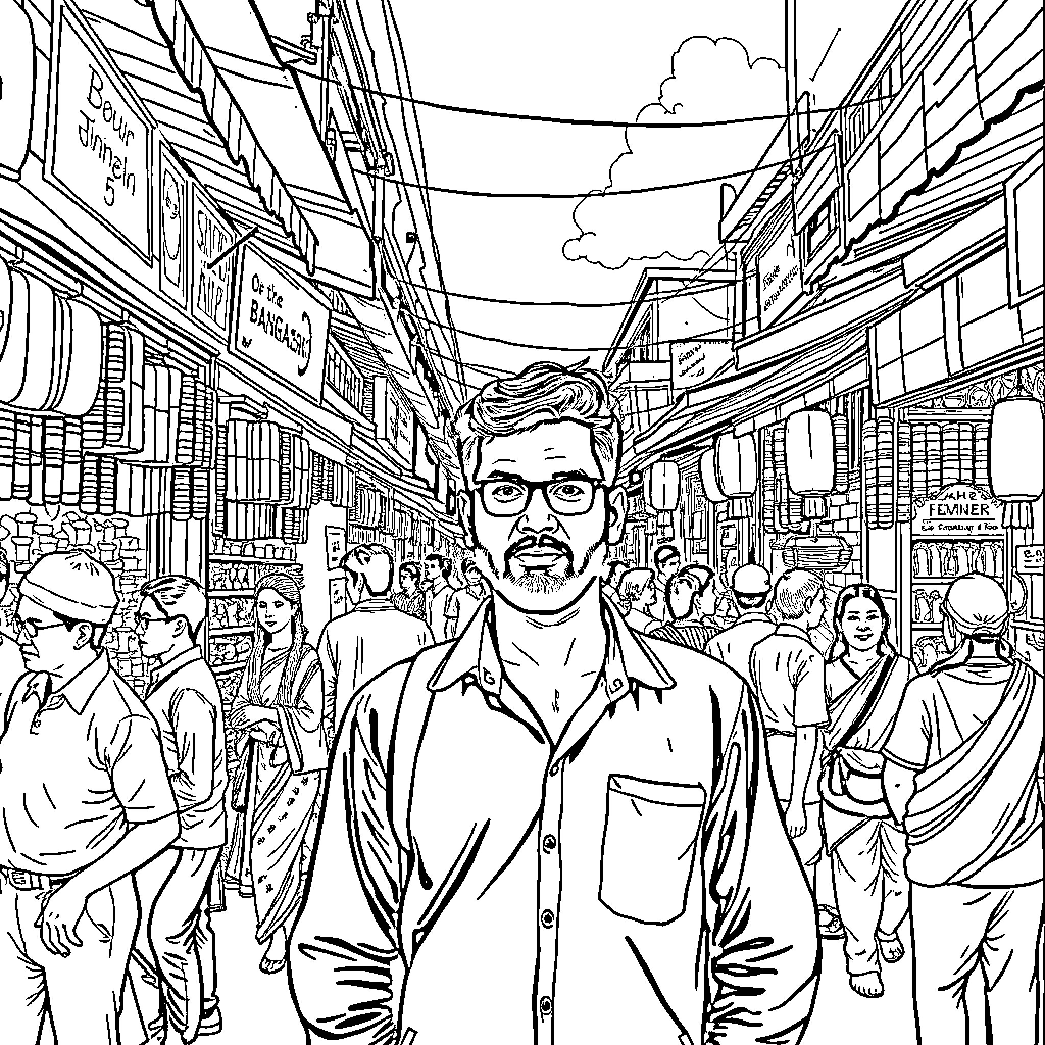 Sadik Kayem's Journey Through a Bustling Marketplace Coloring Page (free black-and-white line drawing printable PDF for all, from beginners to advanced learners, including children, teens, adults, and seniors)