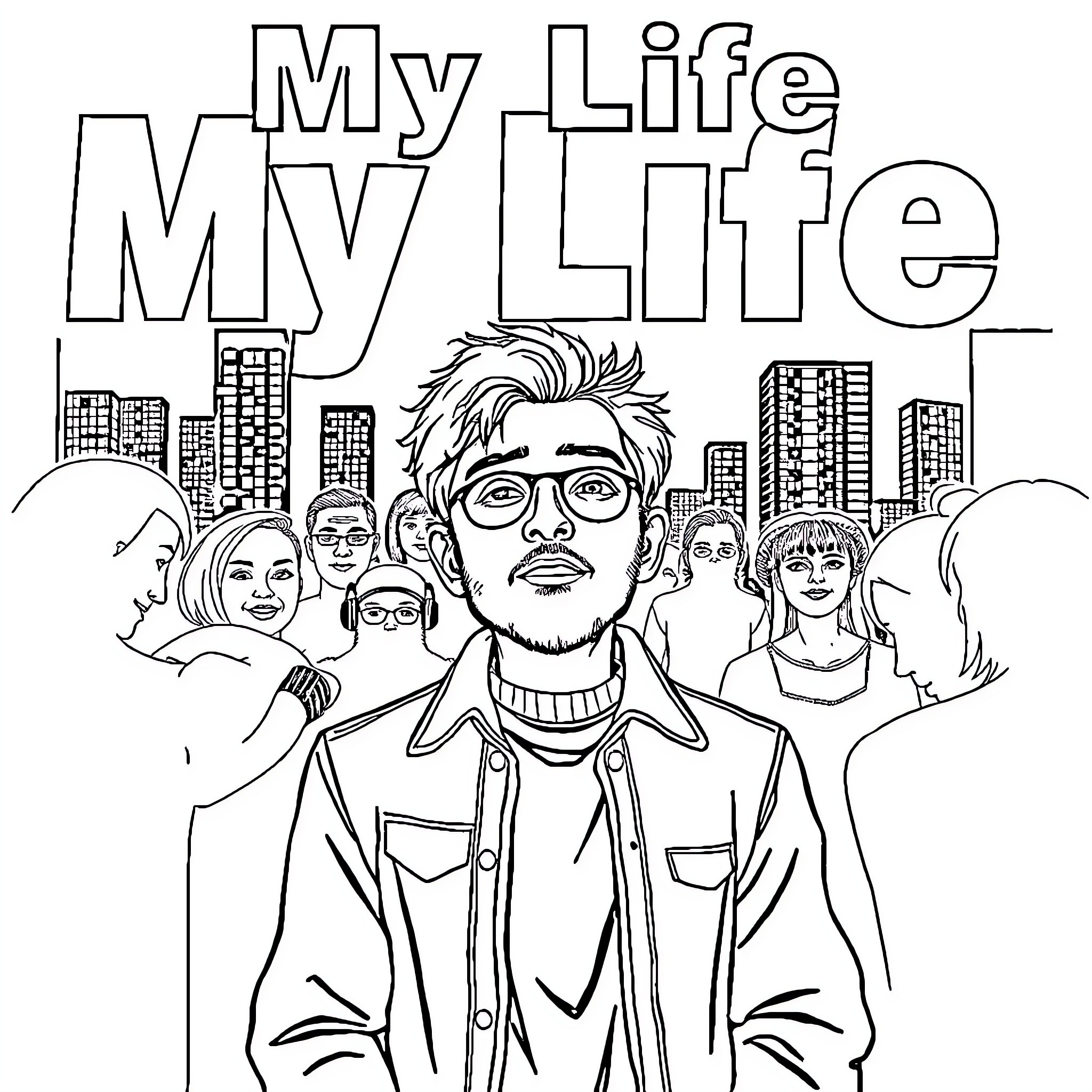 Life in the City with Friends Coloring Page (free black-and-white line drawing printable PDF for all, from beginners to advanced learners, including children, teens, adults, and seniors)