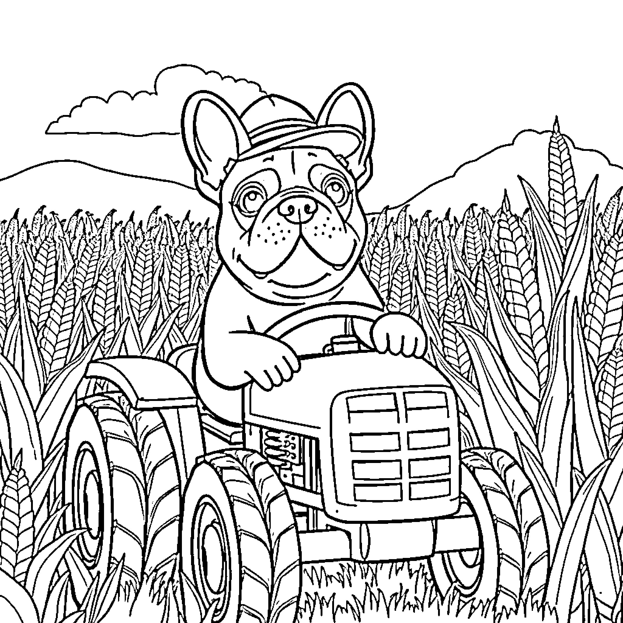 French Bulldog operating a tractor in a farm field Coloring Page (free black-and-white line drawing printable PDF for all, from beginners to advanced learners, including children, teens, adults, and seniors)