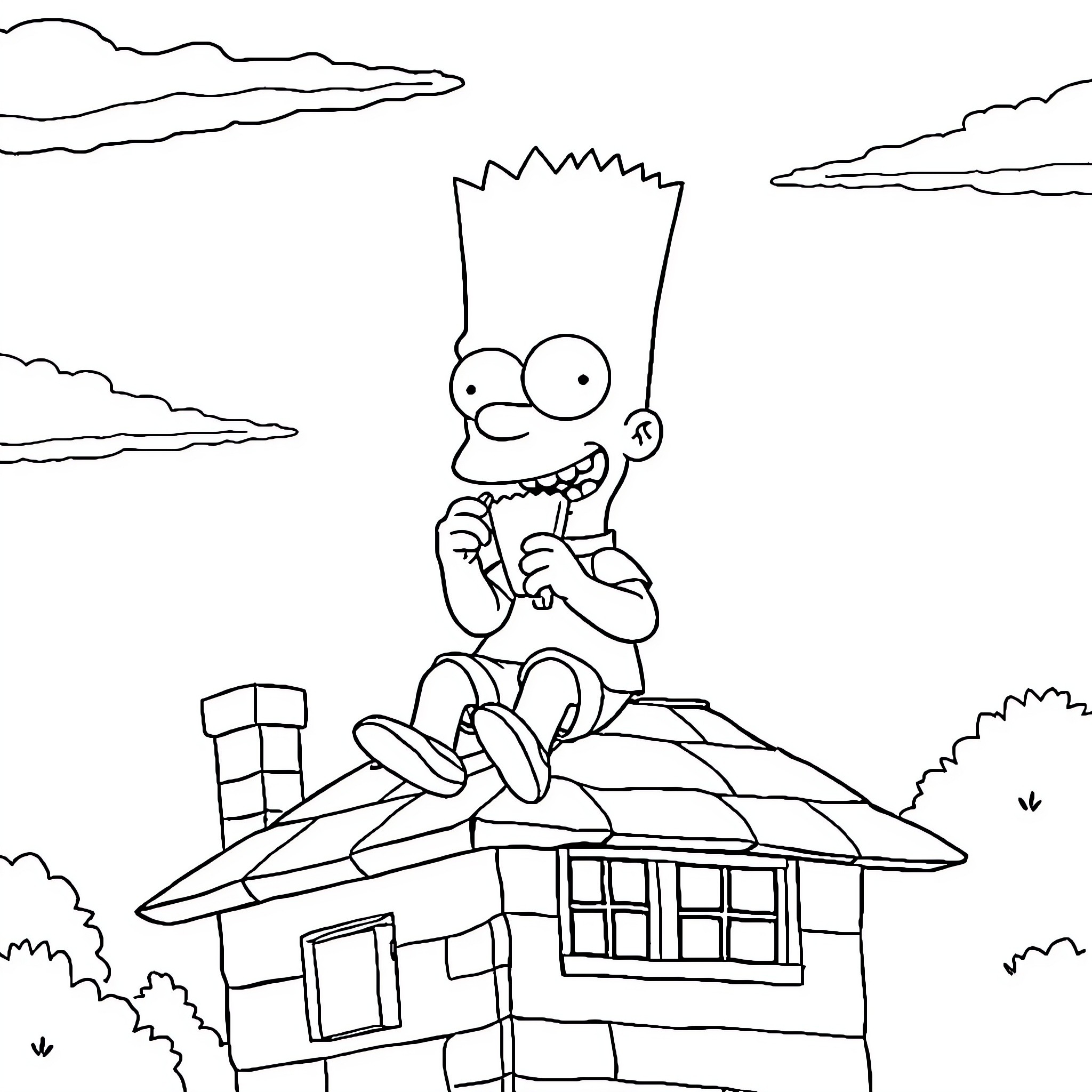 Bart Simpson sitting on roof of house Coloring Page (free black-and-white line drawing printable PDF for all, from beginners to advanced learners, including children, teens, adults, and seniors)