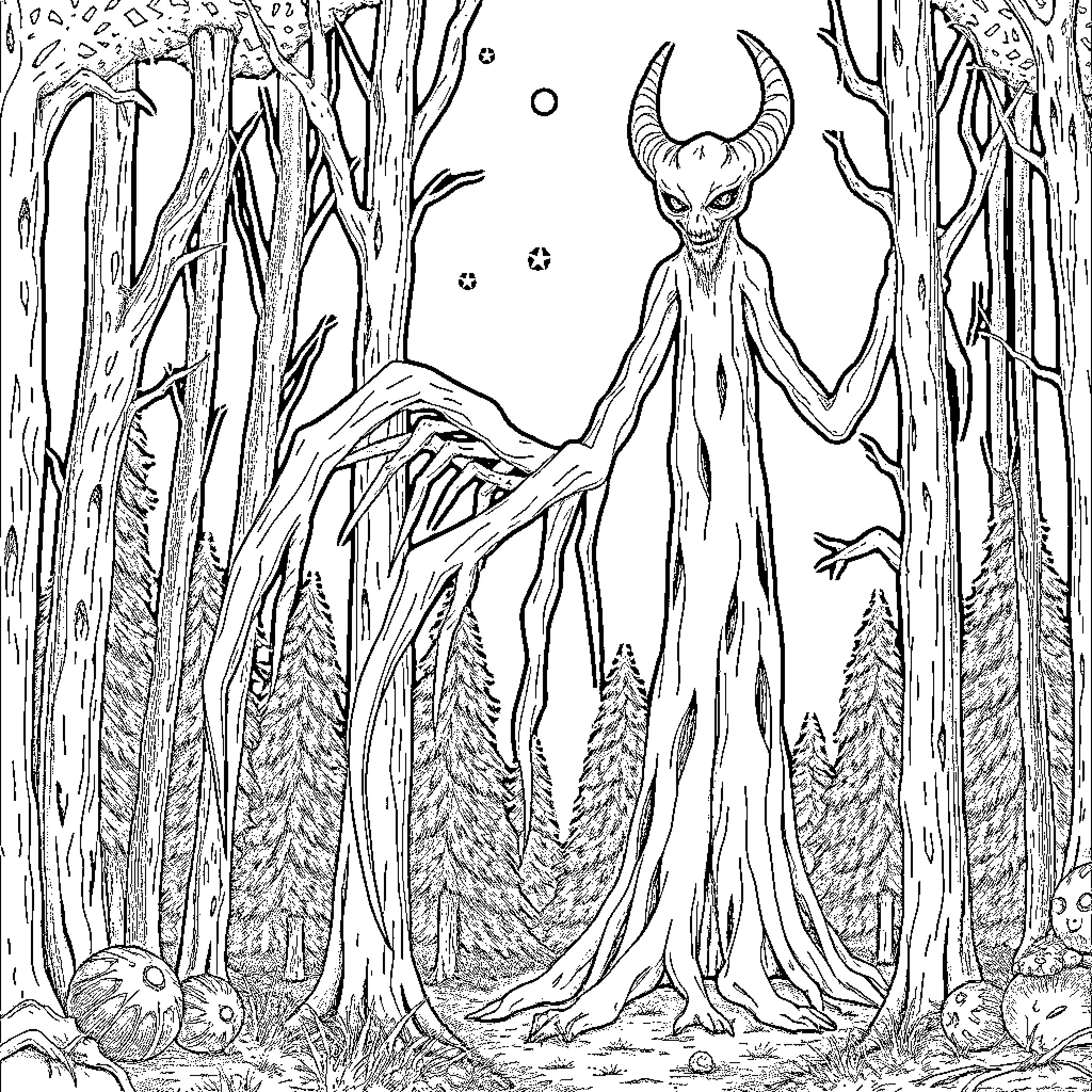 Siren Head haunting the dark forest Coloring Page (free black-and-white line drawing printable PDF for all, from beginners to advanced learners, including children, teens, adults, and seniors)