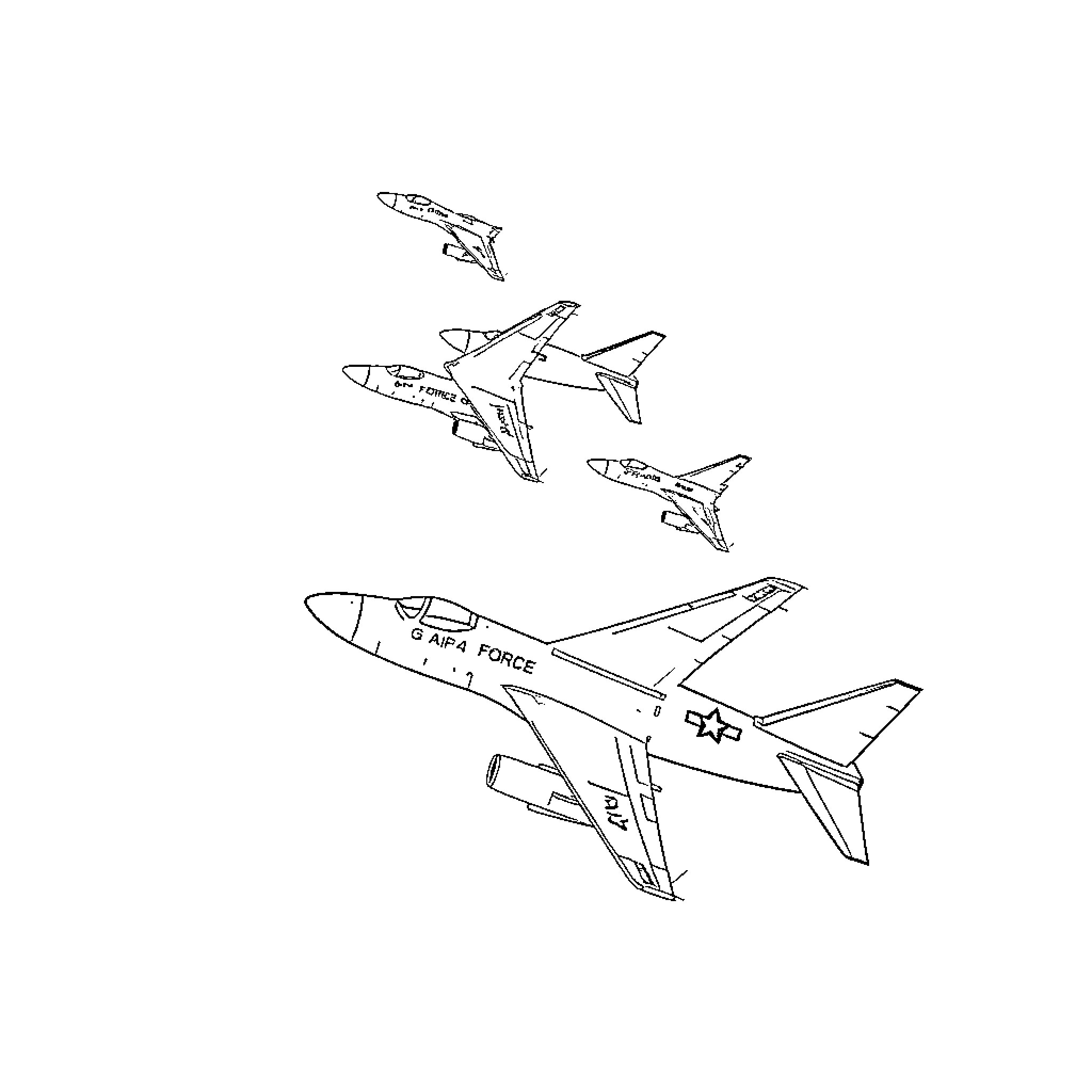 Airforce jets in flight formation Coloring Page (free black-and-white line drawing printable PDF for all, from beginners to advanced learners, including children, teens, adults, and seniors)