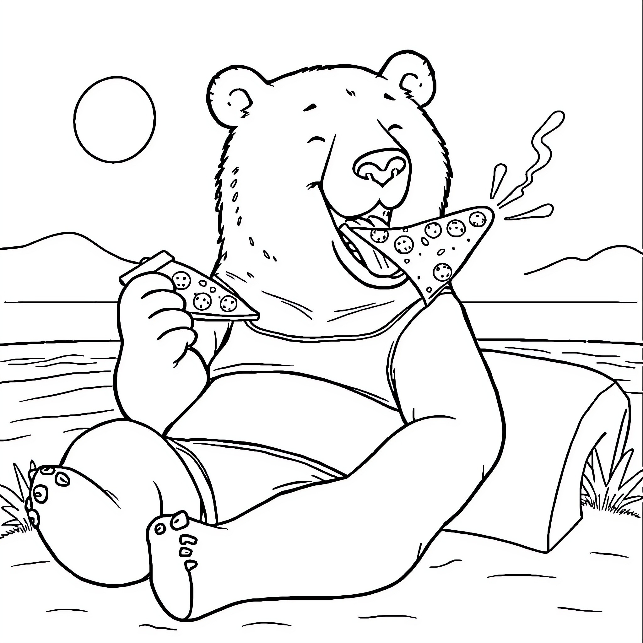 Polar Bear Enjoying a Picnic by the Lake Coloring Page (free black-and-white line drawing printable PDF for all, from beginners to advanced learners, including children, teens, adults, and seniors)