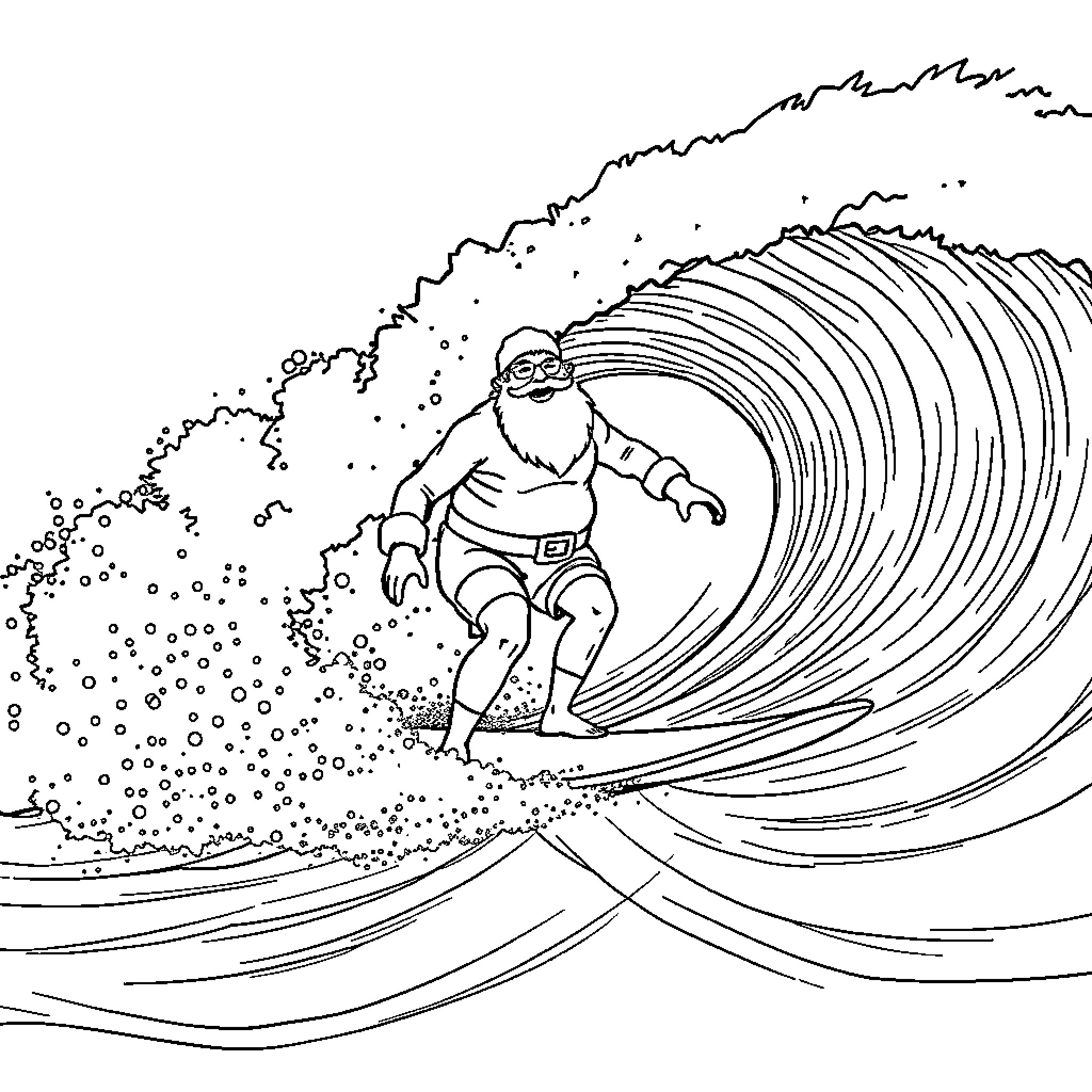 Santa surfing epic wave with holiday spirit Coloring Page (free black-and-white line drawing printable PDF for all, from beginners to advanced learners, including children, teens, adults, and seniors)