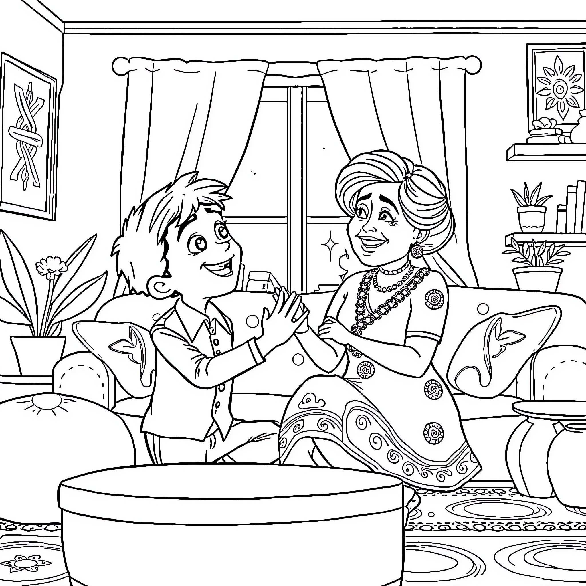 Miguel spending quality time with grandmother Coloring Page (free black-and-white line drawing printable PDF for all, from beginners to advanced learners, including children, teens, adults, and seniors)