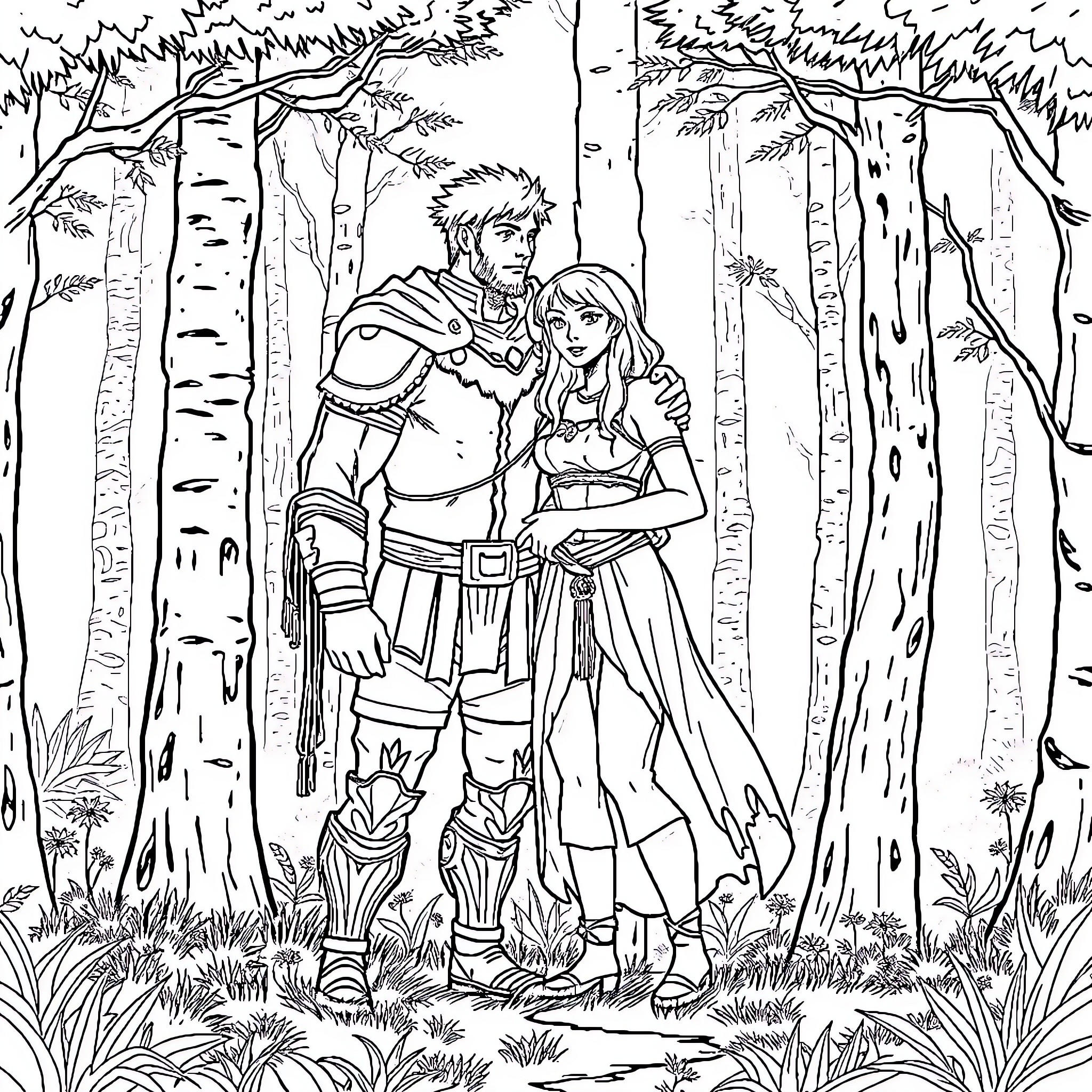 Guts and Casca in a forest embrace Coloring Page (free black-and-white line drawing printable PDF for all, from beginners to advanced learners, including children, teens, adults, and seniors)
