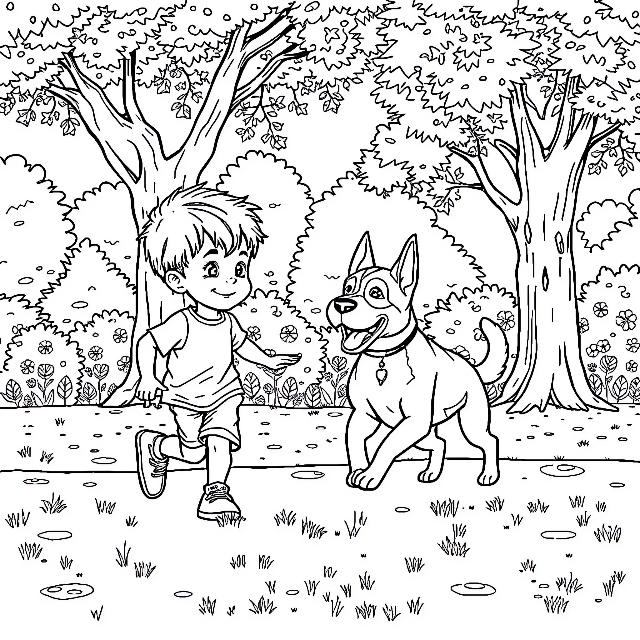 Child and dog exploring the forest landscape Coloring Page (free black-and-white line drawing printable PDF for all, from beginners to advanced learners, including children, teens, adults, and seniors)