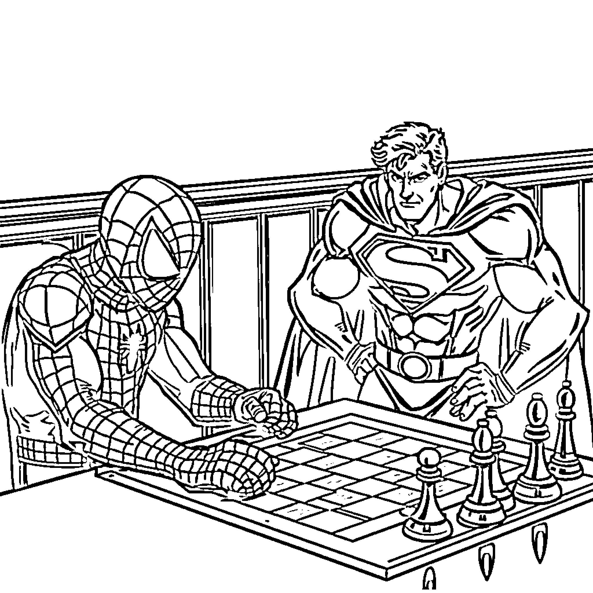 Spiderman and Superman playing chess together Coloring Page (free black-and-white line drawing printable PDF for all, from beginners to advanced learners, including children, teens, adults, and seniors)