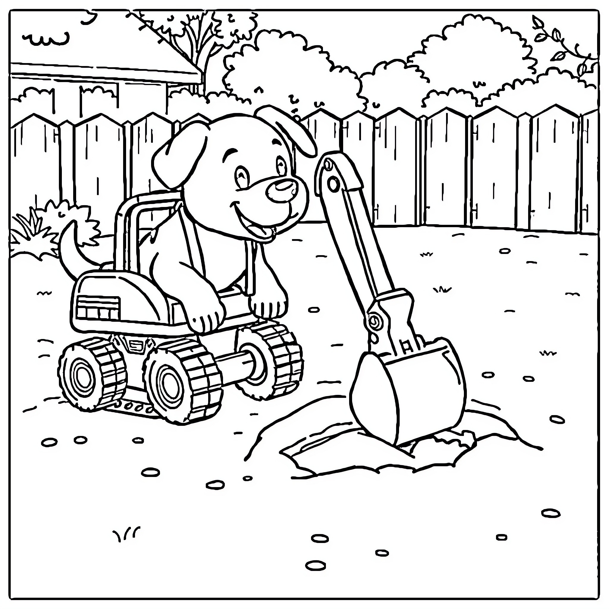 Dog Digging in the Backyard with Excavator Coloring Page (free black-and-white line drawing printable PDF for all, from beginners to advanced learners, including children, teens, adults, and seniors)