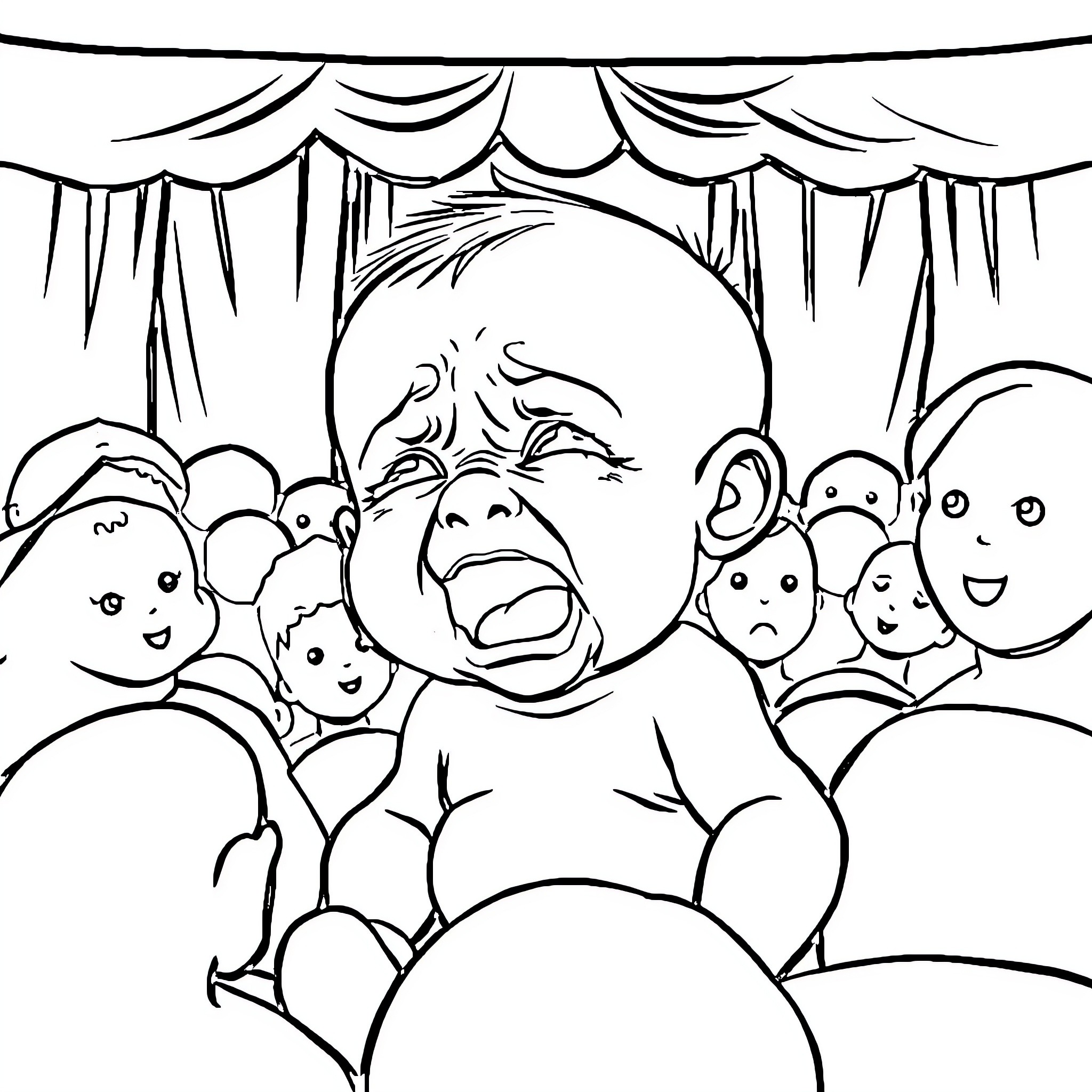 Baby crying on stage with audience Coloring Page (free black-and-white line drawing printable PDF for all, from beginners to advanced learners, including children, teens, adults, and seniors)