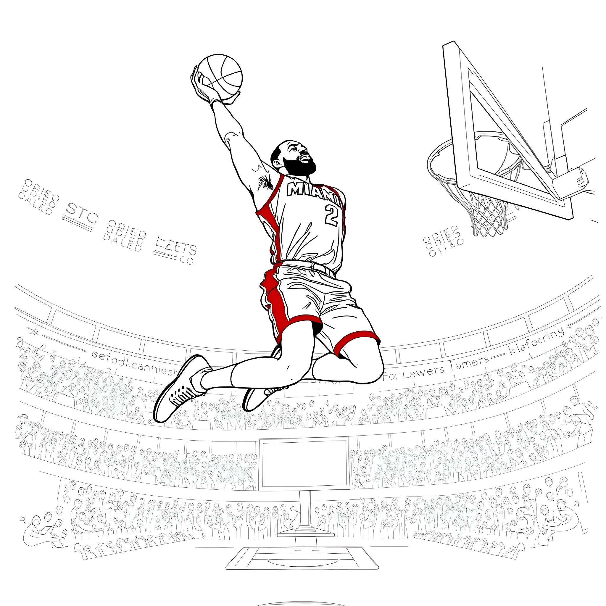 LeBron James Leaping for Slam Dunk in Basketball Game Coloring Page (free black-and-white line drawing printable PDF for all, from beginners to advanced learners, including children, teens, adults, and seniors)