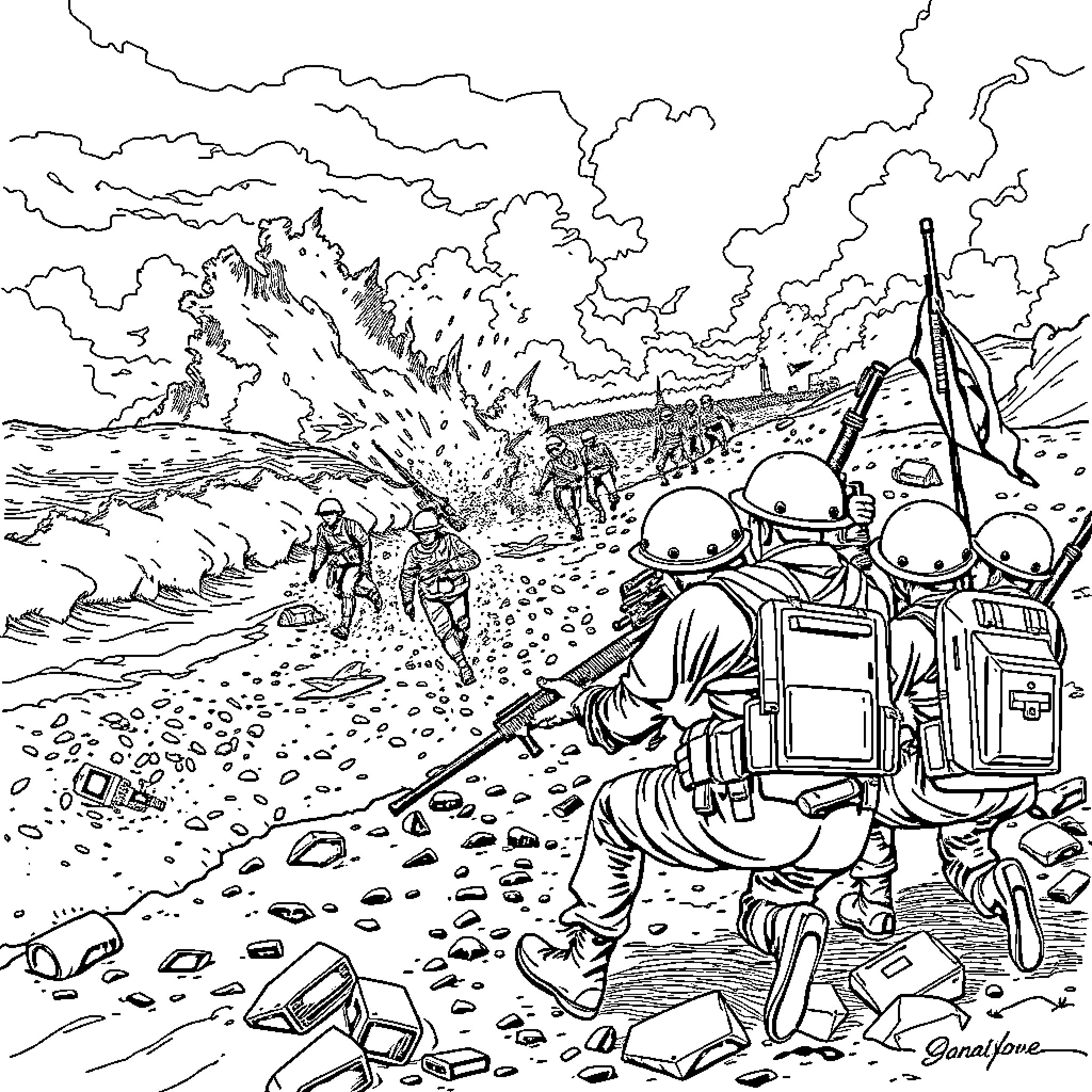 Canadian soldiers in combat during wartime Coloring Page (free black-and-white line drawing printable PDF for all, from beginners to advanced learners, including children, teens, adults, and seniors)