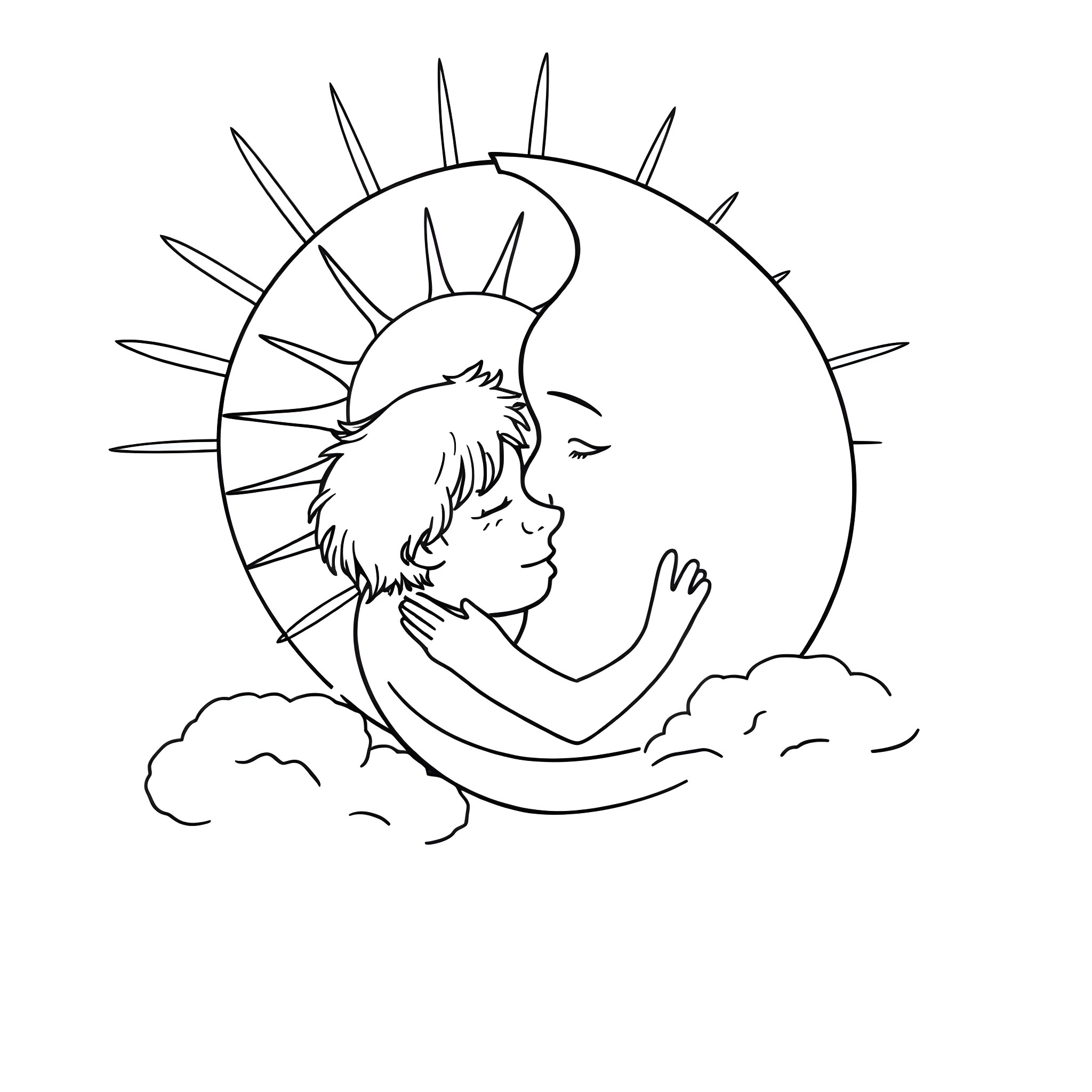 Sun and Moon - Child reaching for the sky Coloring Page (free black-and-white line drawing printable PDF for all, from beginners to advanced learners, including children, teens, adults, and seniors)