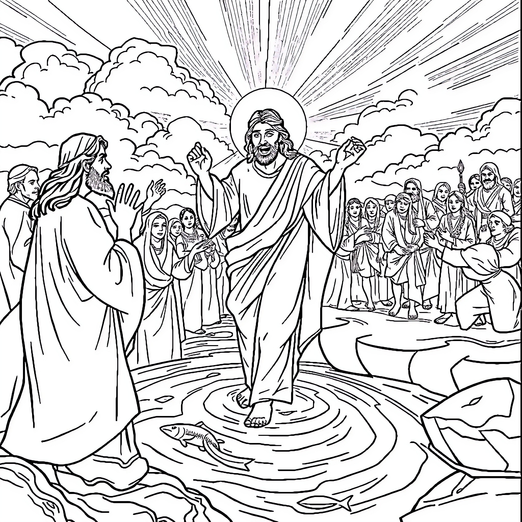 Jesus Preaching to the Crowd with Divinity Coloring Page (free black-and-white line drawing printable PDF for all, from beginners to advanced learners, including children, teens, adults, and seniors)