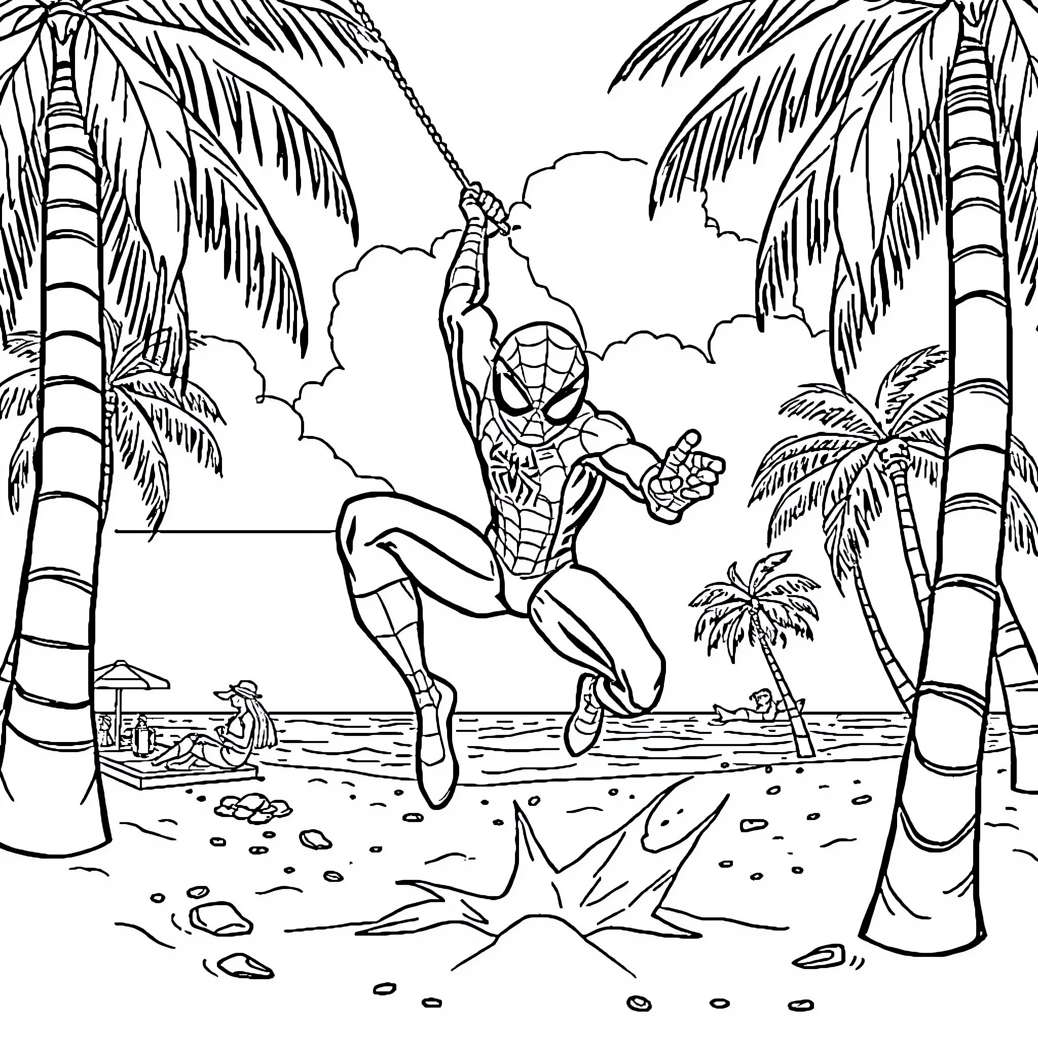 Spiderman swinging through tropical beach scene Coloring Page (free black-and-white line drawing printable PDF for all, from beginners to advanced learners, including children, teens, adults, and seniors)