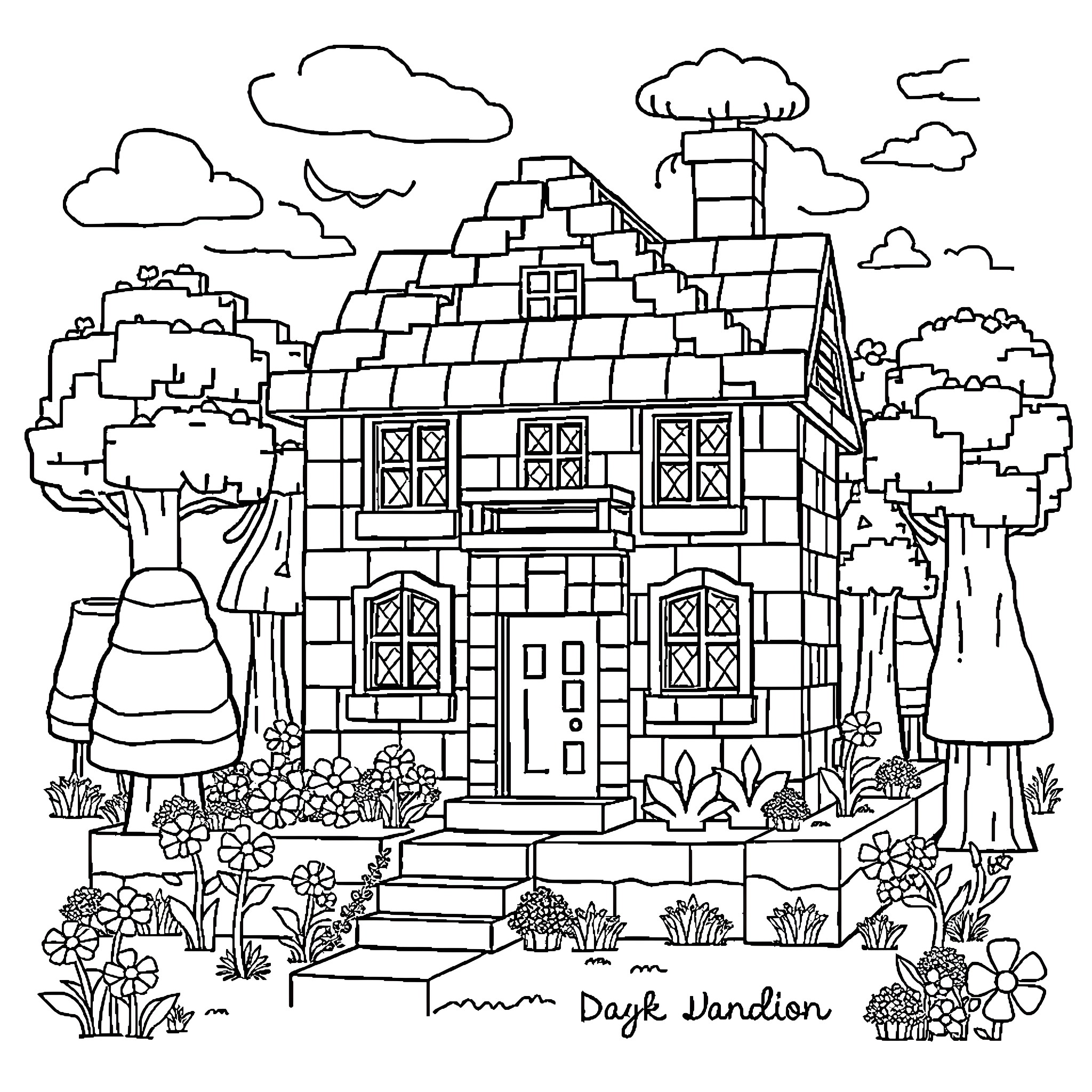 Barbie's Quaint Countryside Cottage Coloring Page (free black-and-white line drawing printable PDF for all, from beginners to advanced learners, including children, teens, adults, and seniors)