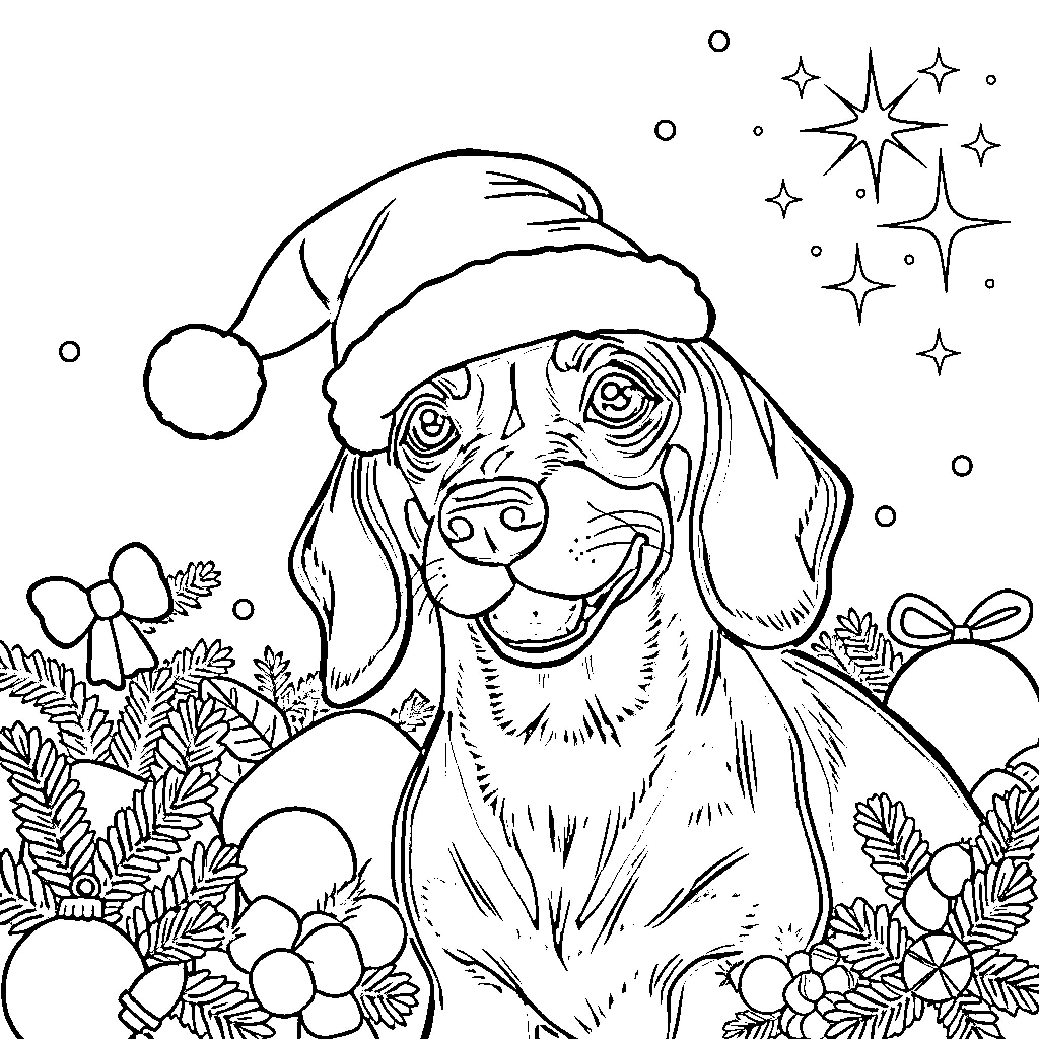 Dachshund wearing Santa hat in festive scene Coloring Page (free black-and-white line drawing printable PDF for all, from beginners to advanced learners, including children, teens, adults, and seniors)