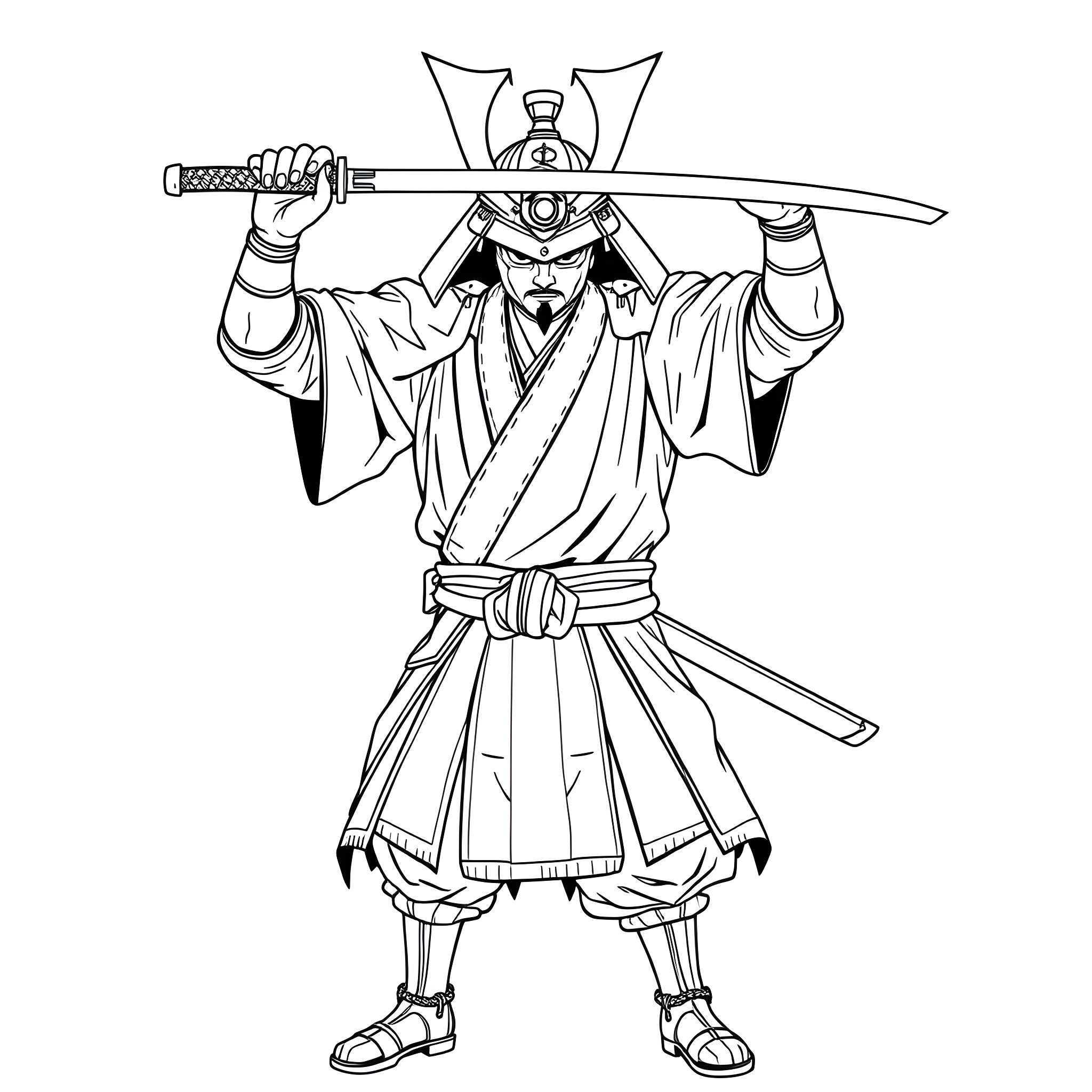 Samurai warrior wielding a sword in battle stance Coloring Page (free black-and-white line drawing printable PDF for all, from beginners to advanced learners, including children, teens, adults, and seniors)