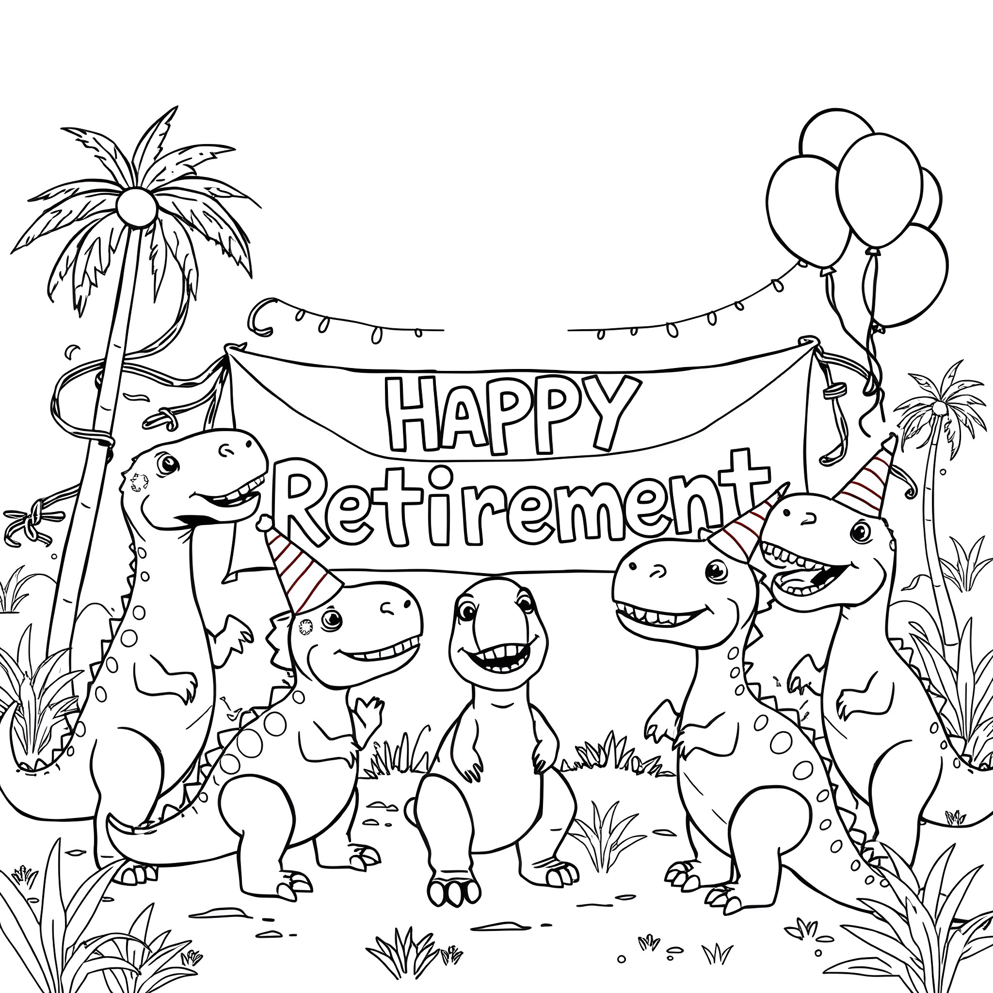 Dinosaurs celebrating happy retirement party Coloring Page (free black-and-white line drawing printable PDF for all, from beginners to advanced learners, including children, teens, adults, and seniors)