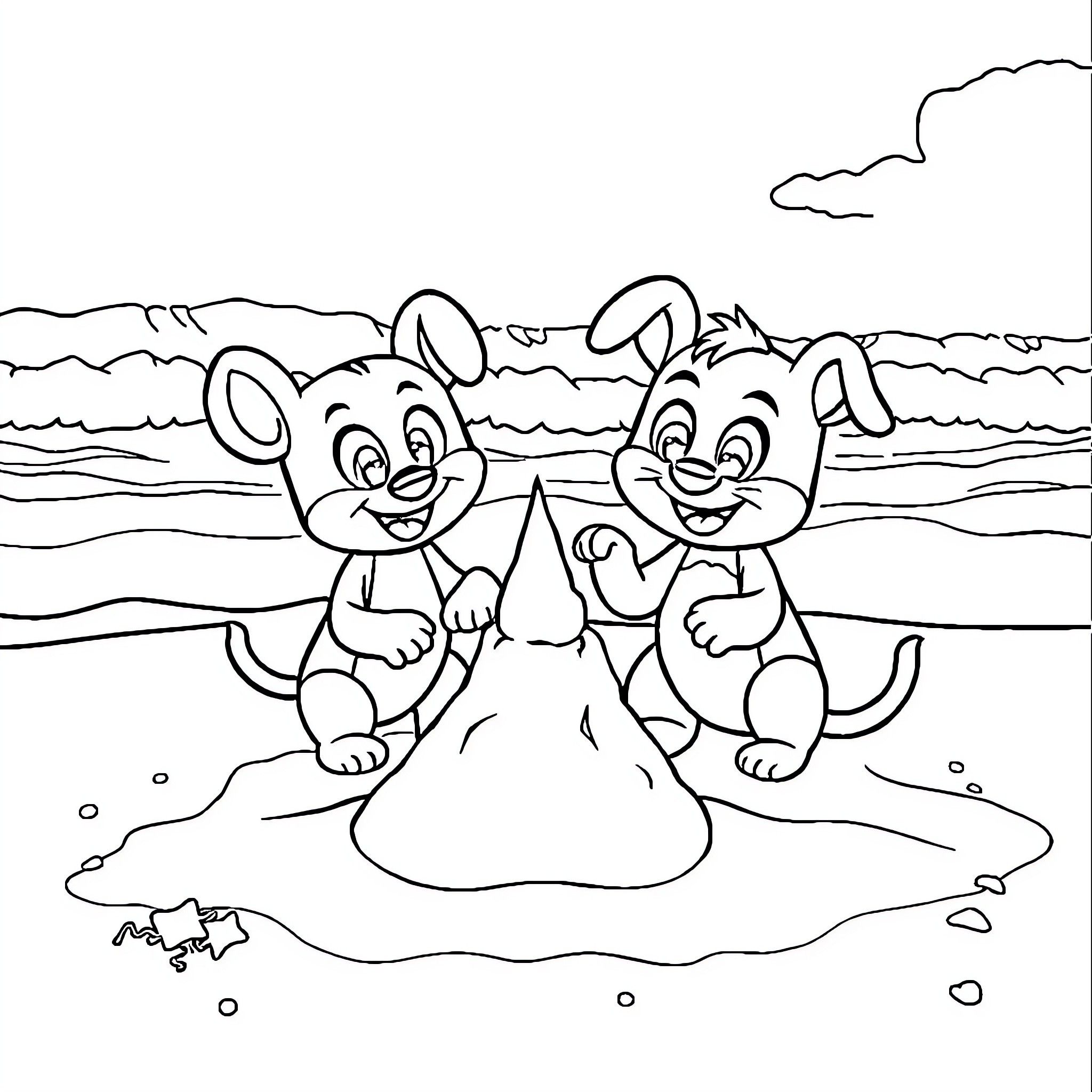 Bluey and friends build a sandcastle by the beach Coloring Page (free black-and-white line drawing printable PDF for all, from beginners to advanced learners, including children, teens, adults, and seniors)