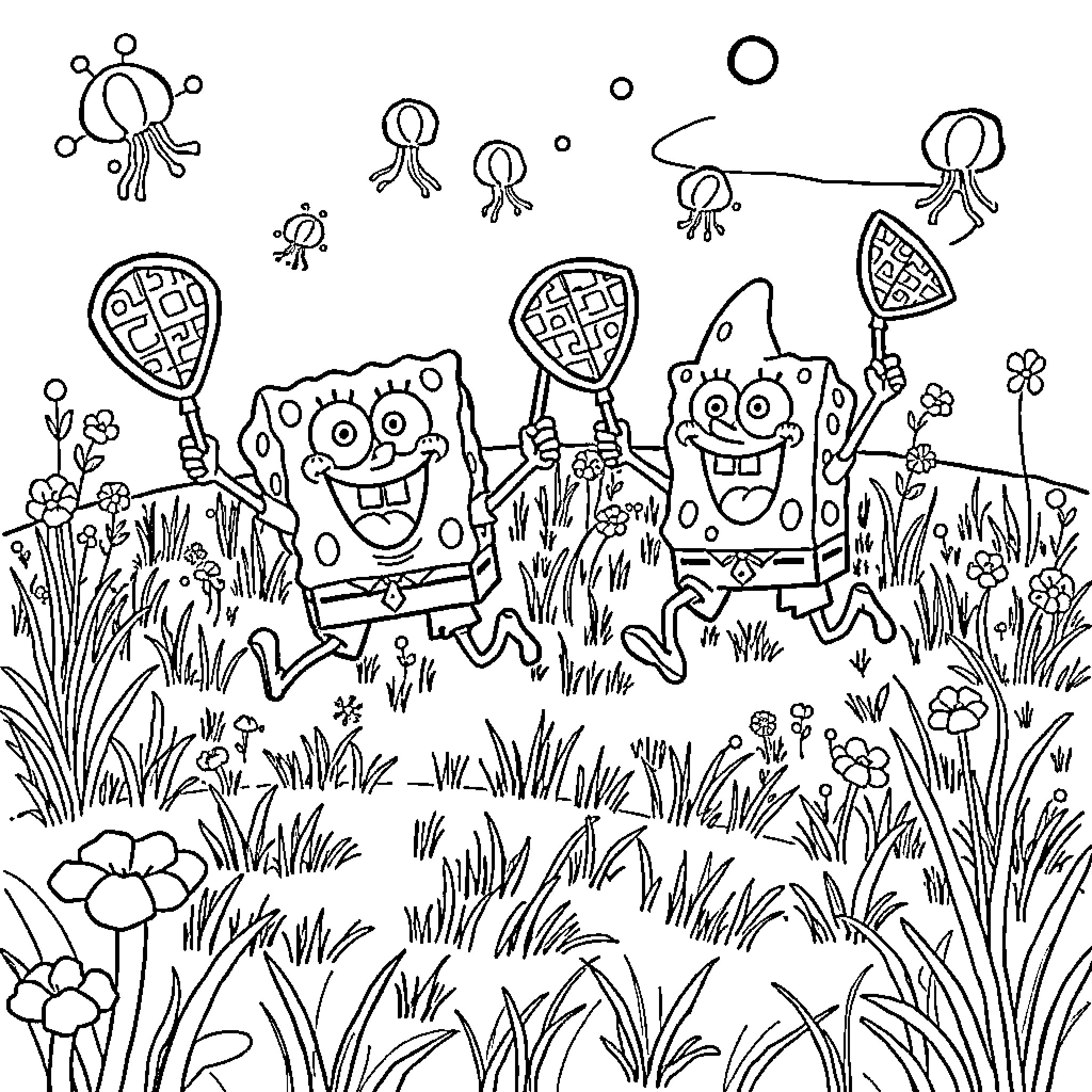 Spongebob and friends playing tennis in a garden Coloring Page (free black-and-white line drawing printable PDF for all, from beginners to advanced learners, including children, teens, adults, and seniors)