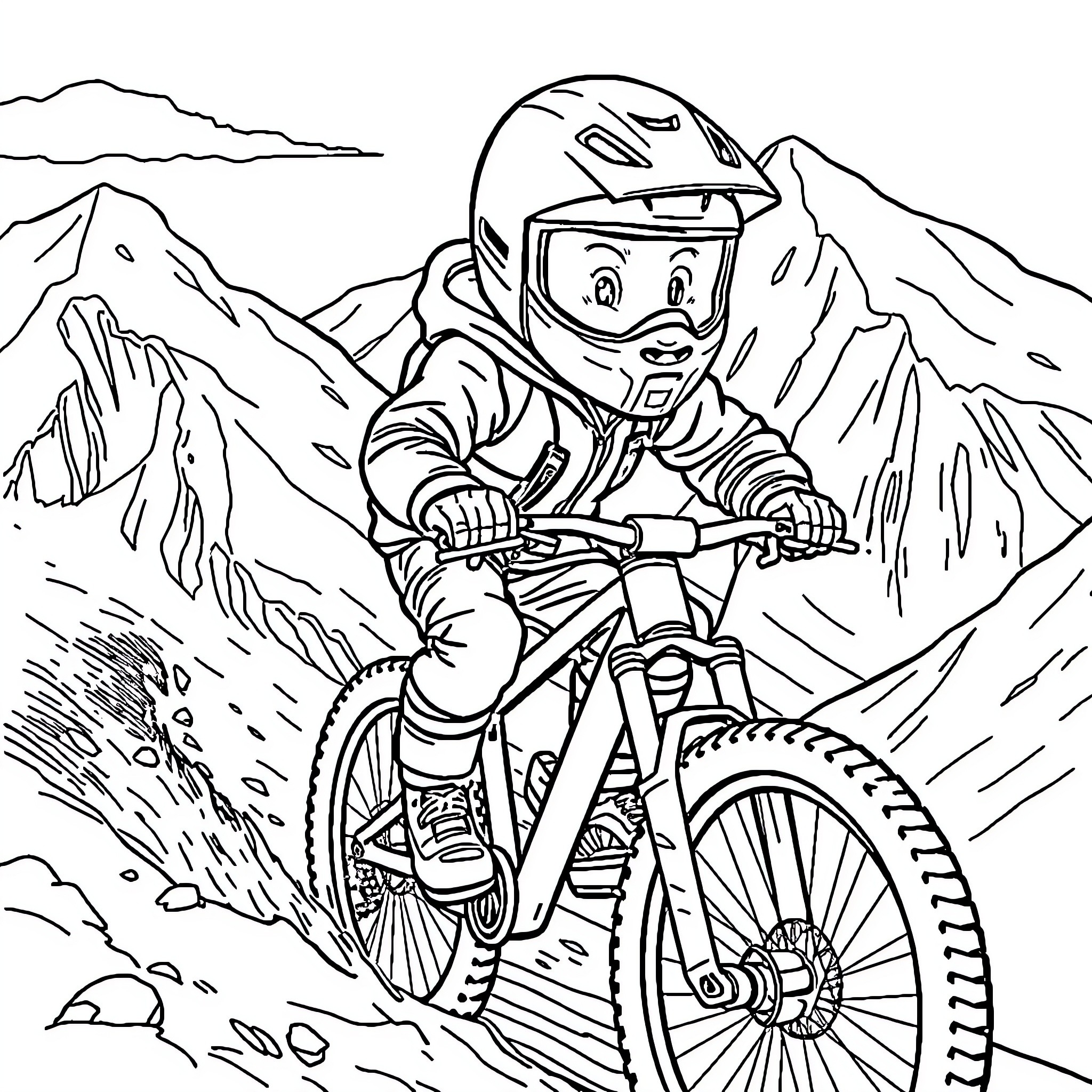 Kid riding mountain bike on rocky trail Coloring Page (free black-and-white line drawing printable PDF for all, from beginners to advanced learners, including children, teens, adults, and seniors)