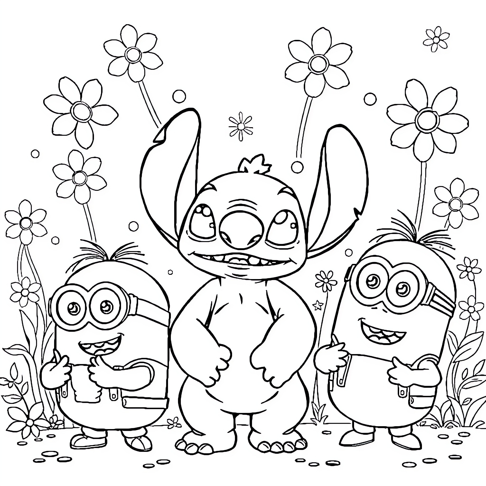 Lilo And Stitch Playing with Minions in Flower Garden Coloring Page (free black-and-white line drawing printable PDF for all, from beginners to advanced learners, including children, teens, adults, and seniors)