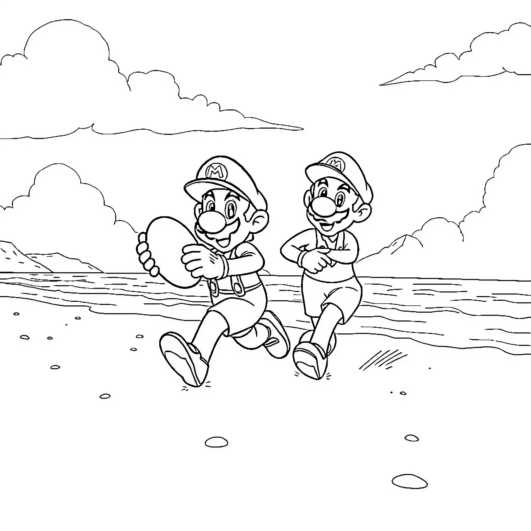 Mario and Luigi Running on the Beach Coloring Page (free black-and-white line drawing printable PDF for all, from beginners to advanced learners, including children, teens, adults, and seniors)