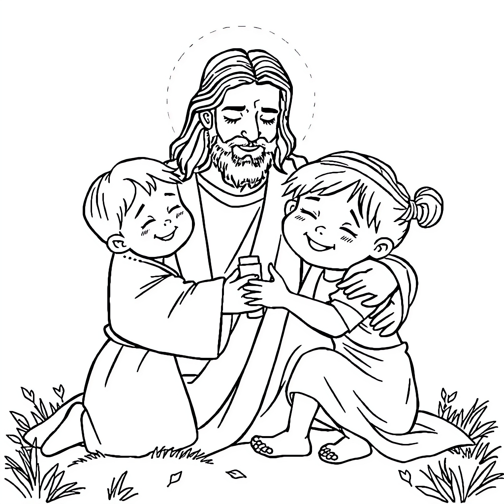 Jesus with children enjoying a peaceful moment Coloring Page (free black-and-white line drawing printable PDF for all, from beginners to advanced learners, including children, teens, adults, and seniors)