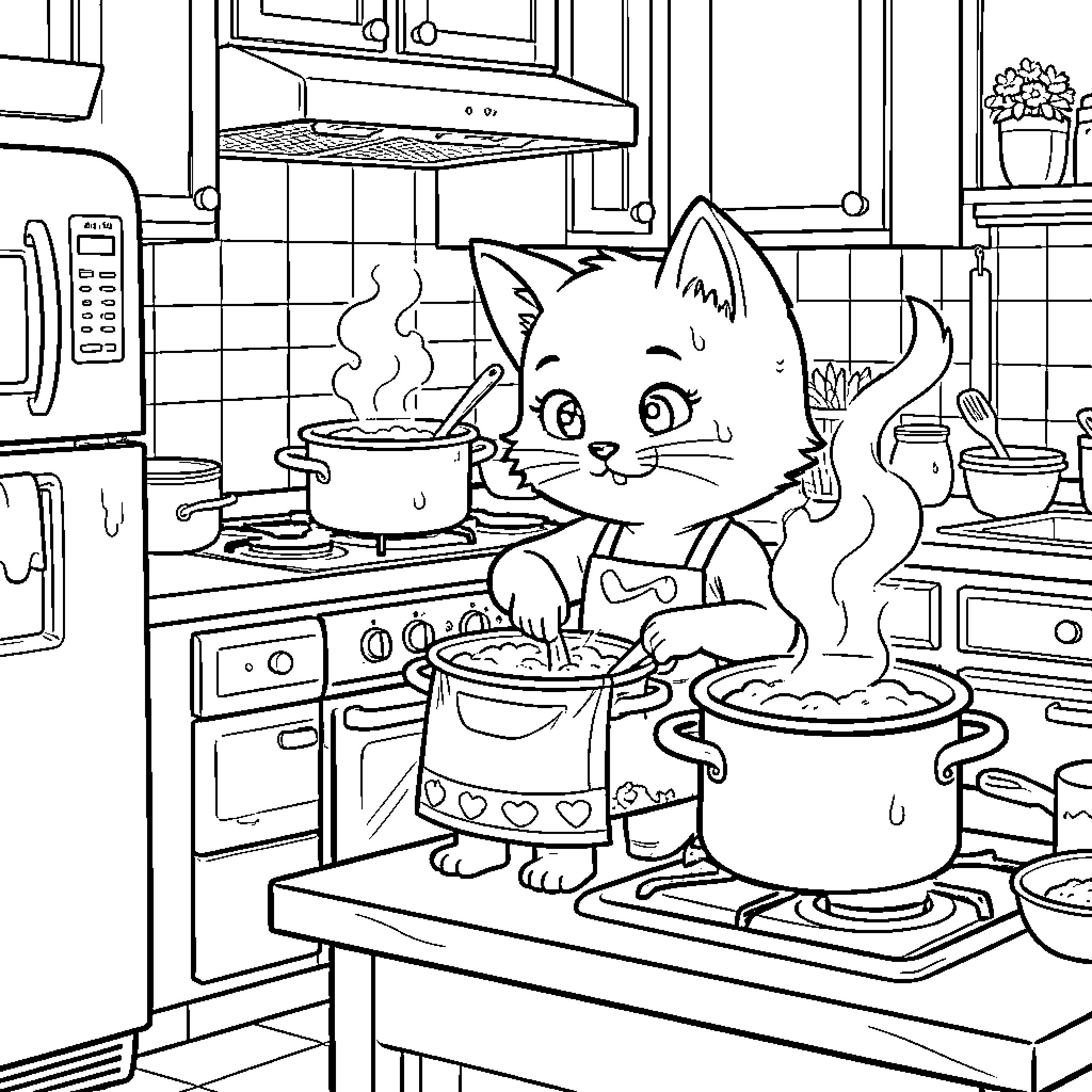 Cat cooking in the kitchen Coloring Page (free black-and-white line drawing printable PDF for all, from beginners to advanced learners, including children, teens, adults, and seniors)
