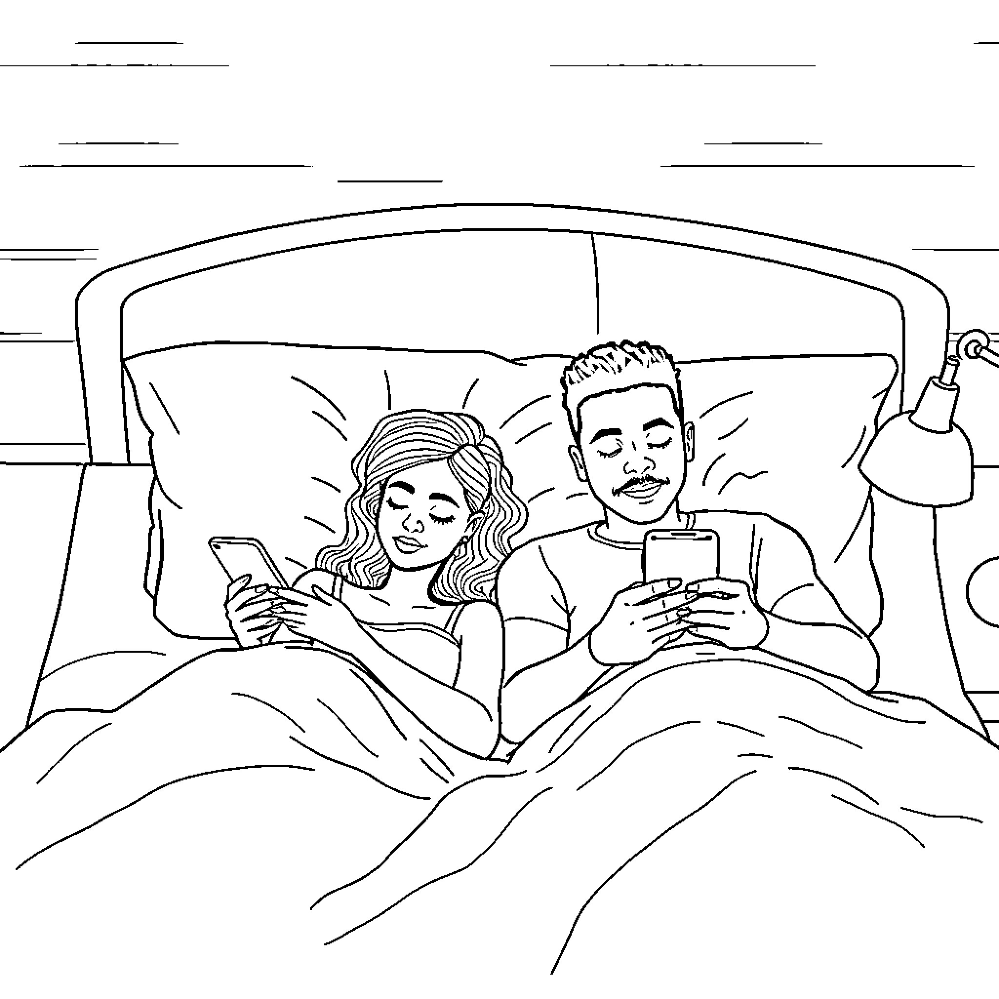 Couple relaxing in bed with smartphones Coloring Page (free black-and-white line drawing printable PDF for all, from beginners to advanced learners, including children, teens, adults, and seniors)
