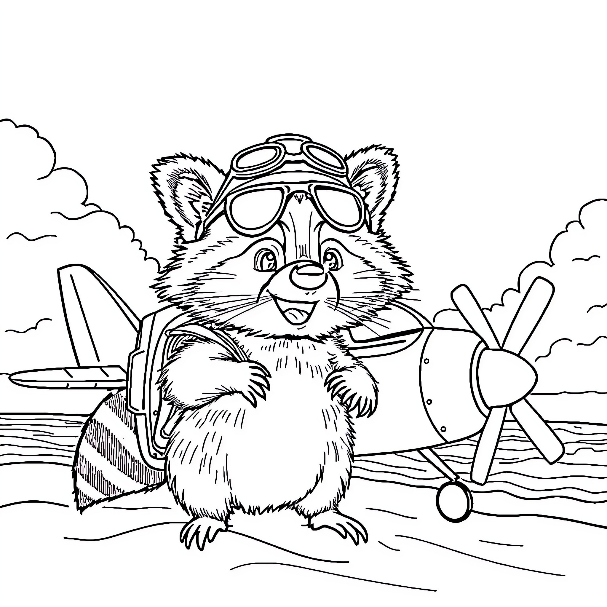 Raccoon Pilot Flying Biplane with Goggles Coloring Page (free black-and-white line drawing printable PDF for all, from beginners to advanced learners, including children, teens, adults, and seniors)