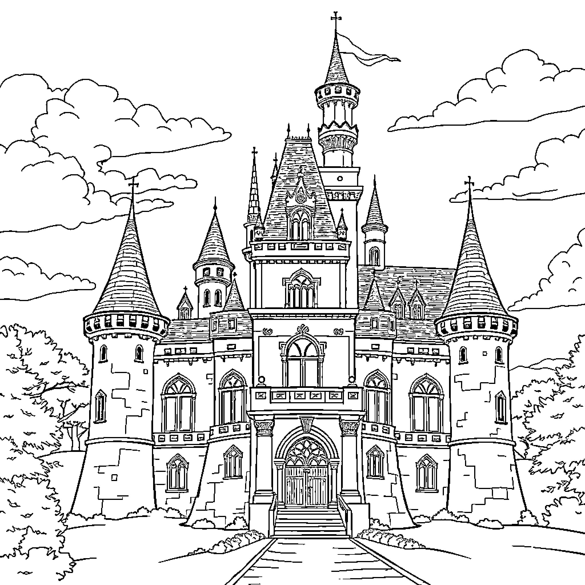 Princess Castle with Ornate Architecture and Towers Coloring Page (free black-and-white line drawing printable PDF for all, from beginners to advanced learners, including children, teens, adults, and seniors)