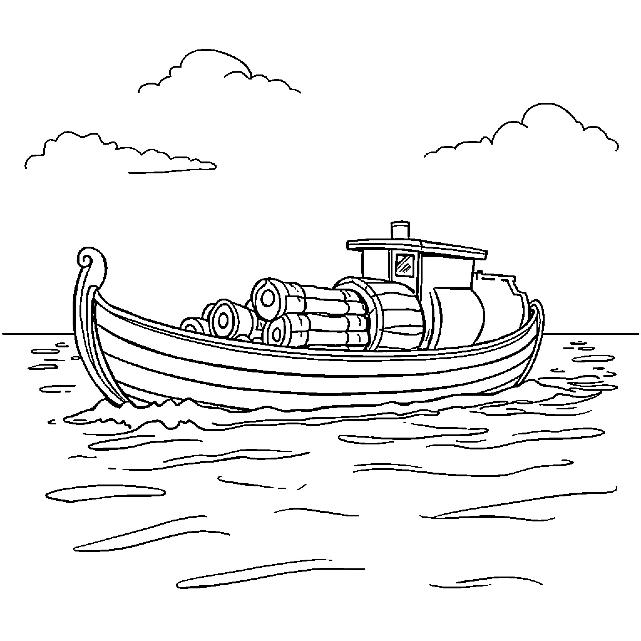 Bateau Carrying Wooden Cargo on the Water Coloring Page (free black-and-white line drawing printable PDF for all, from beginners to advanced learners, including children, teens, adults, and seniors)