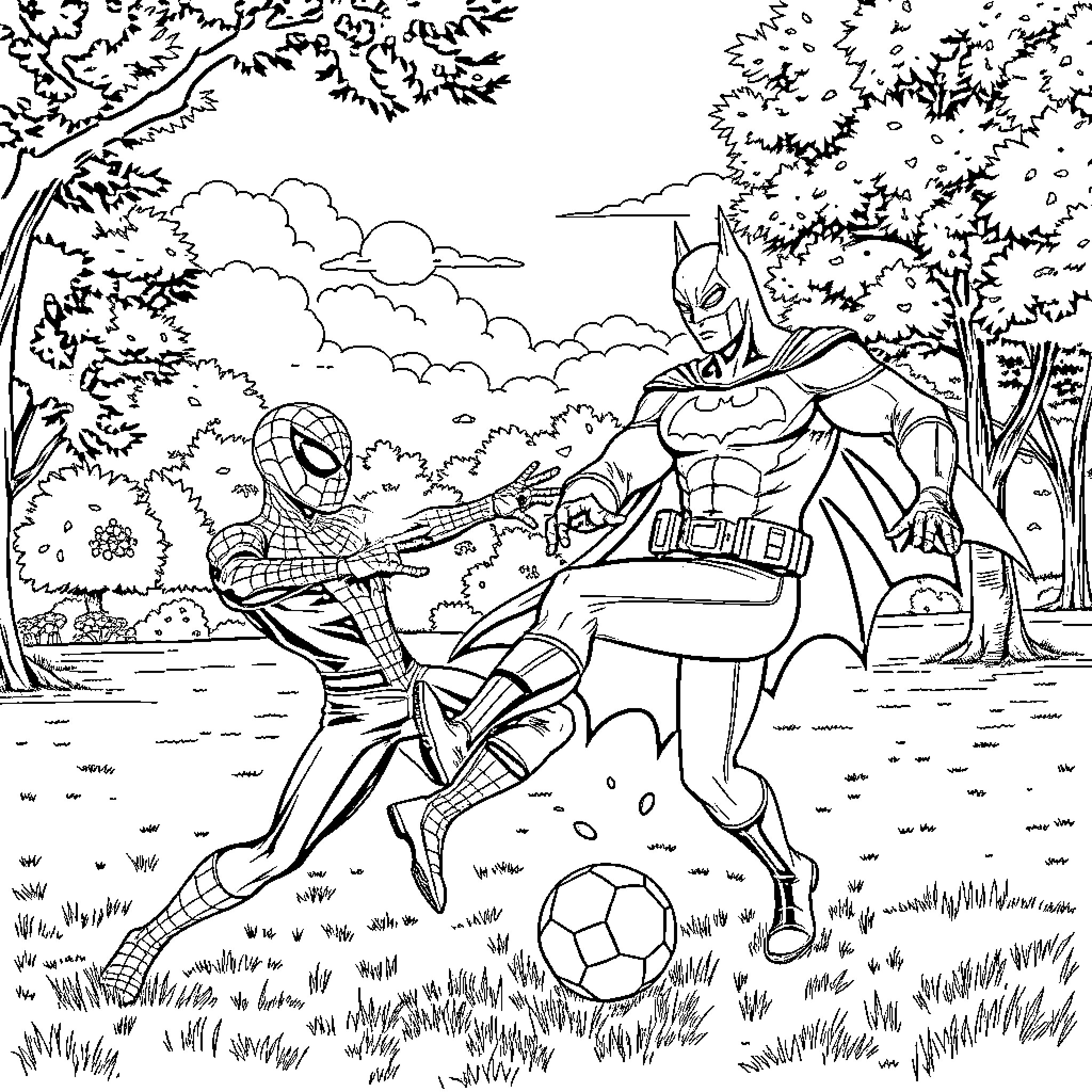 Spiderman and Batman playing soccer in the park Coloring Page (free black-and-white line drawing printable PDF for all, from beginners to advanced learners, including children, teens, adults, and seniors)