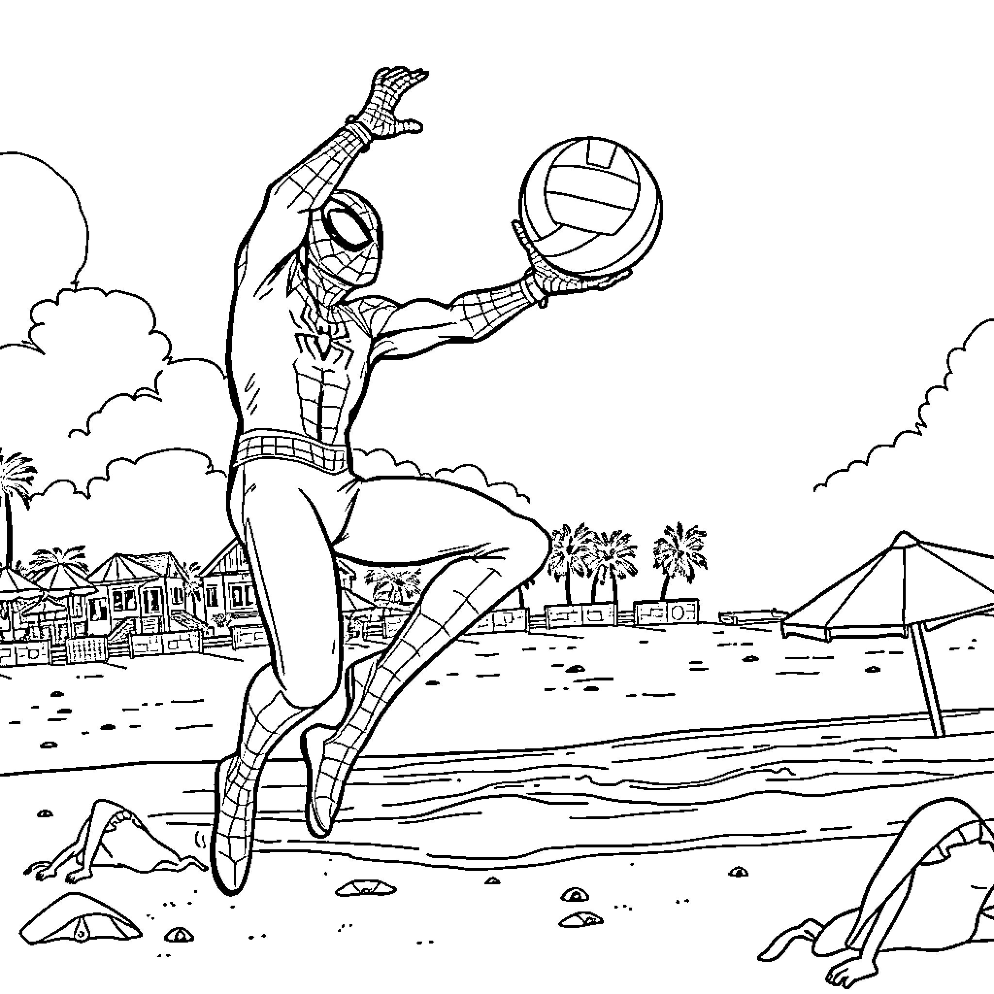 Spiderman jumping with volleyball in beachfront scene Coloring Page (free black-and-white line drawing printable PDF for all, from beginners to advanced learners, including children, teens, adults, and seniors)