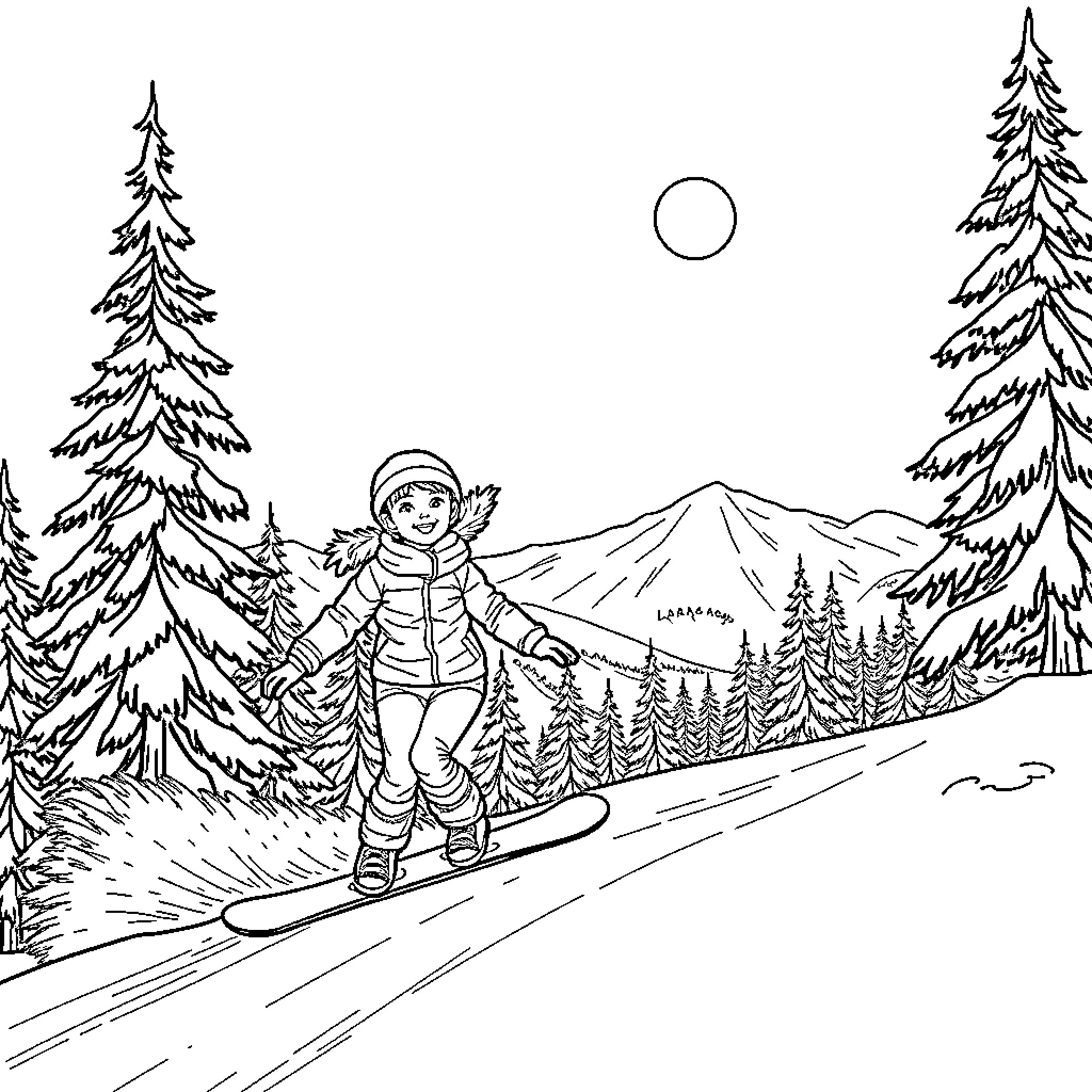 Girl Skiing Happily on Snowy Mountain Trail Coloring Page (free black-and-white line drawing printable PDF for all, from beginners to advanced learners, including children, teens, adults, and seniors)