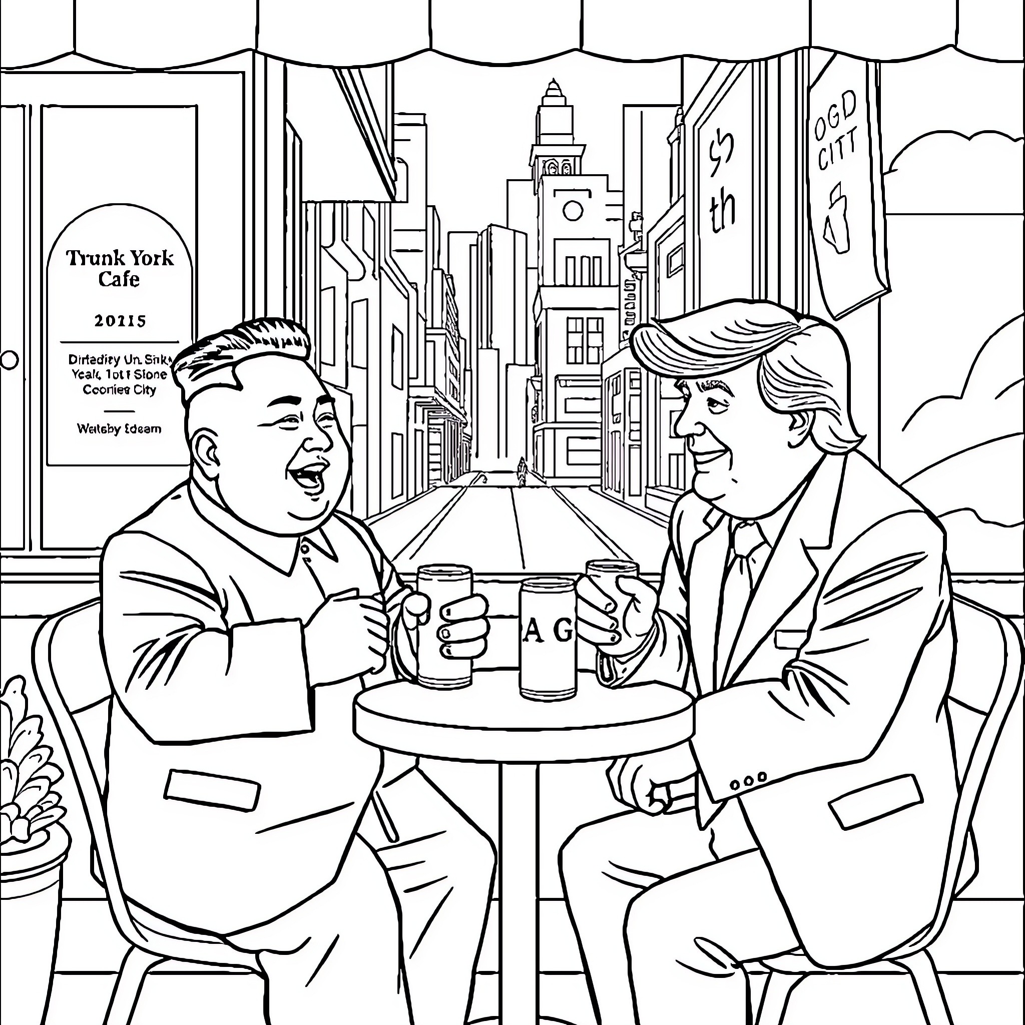 Kim Jong Un and Companion Enjoying Drinks at Trendy Cafe Coloring Page (free black-and-white line drawing printable PDF for all, from beginners to advanced learners, including children, teens, adults, and seniors)
