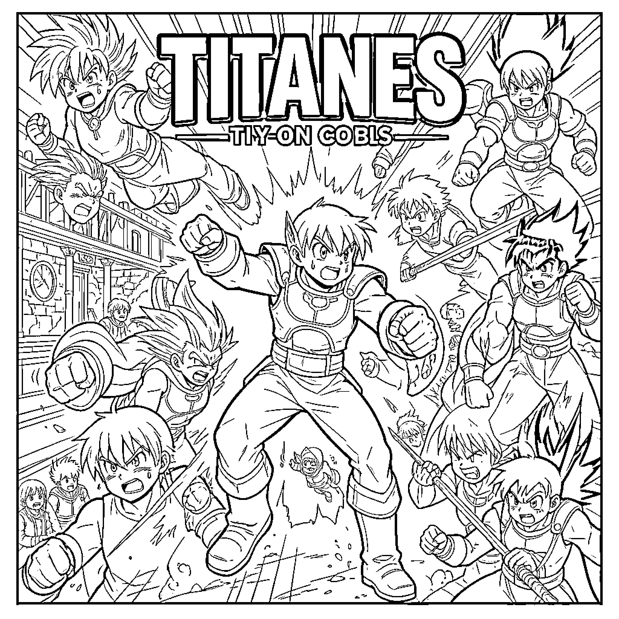 Titan warriors engaging in an intense battle scene Coloring Page (free black-and-white line drawing printable PDF for all, from beginners to advanced learners, including children, teens, adults, and seniors)
