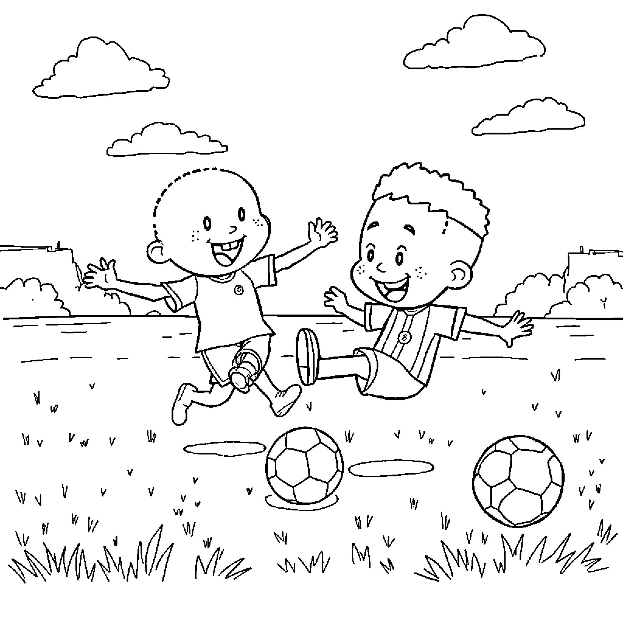 Nobita and friends playing football in the park Coloring Page (free black-and-white line drawing printable PDF for all, from beginners to advanced learners, including children, teens, adults, and seniors)
