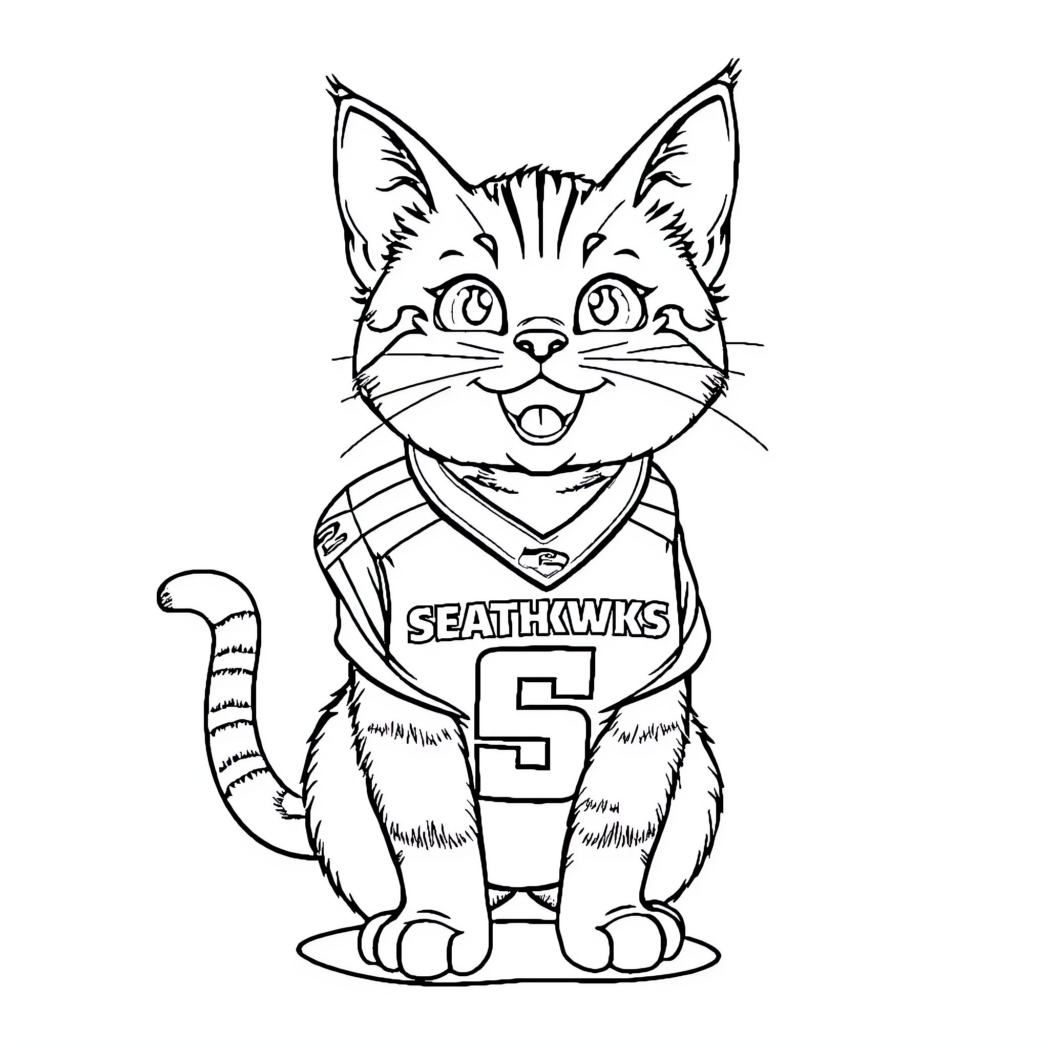 Cat wearing Seathawks jersey with excited expression Coloring Page (free black-and-white line drawing printable PDF for all, from beginners to advanced learners, including children, teens, adults, and seniors)