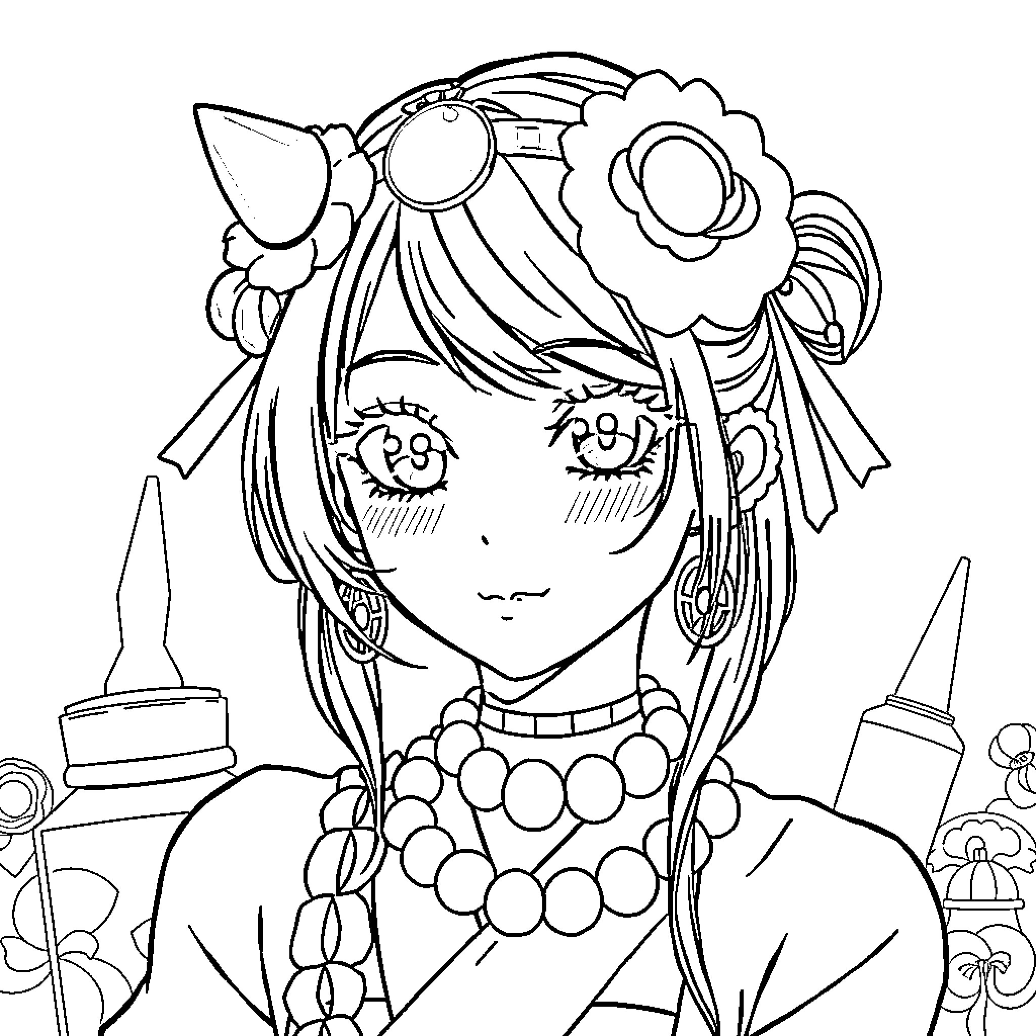 Anime Girl with Floral Accessories and Closed Eyes Coloring Page (free black-and-white line drawing printable PDF for all, from beginners to advanced learners, including children, teens, adults, and seniors)