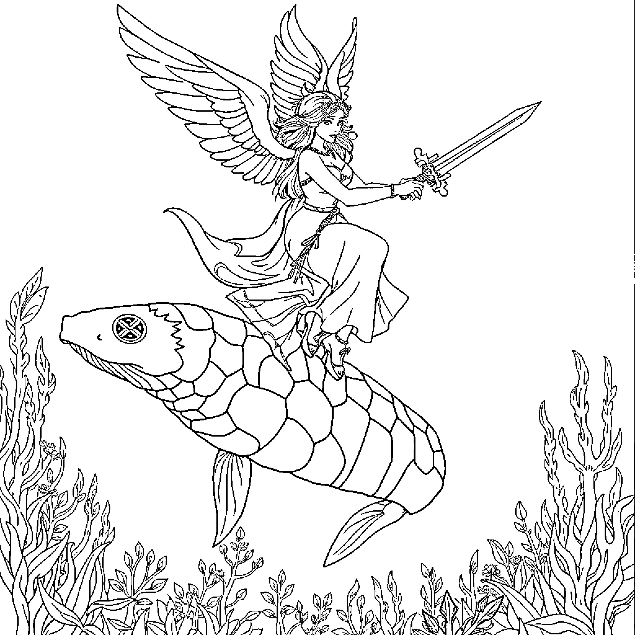 Brownie warrior riding a winged mythical creature Coloring Page (free black-and-white line drawing printable PDF for all, from beginners to advanced learners, including children, teens, adults, and seniors)