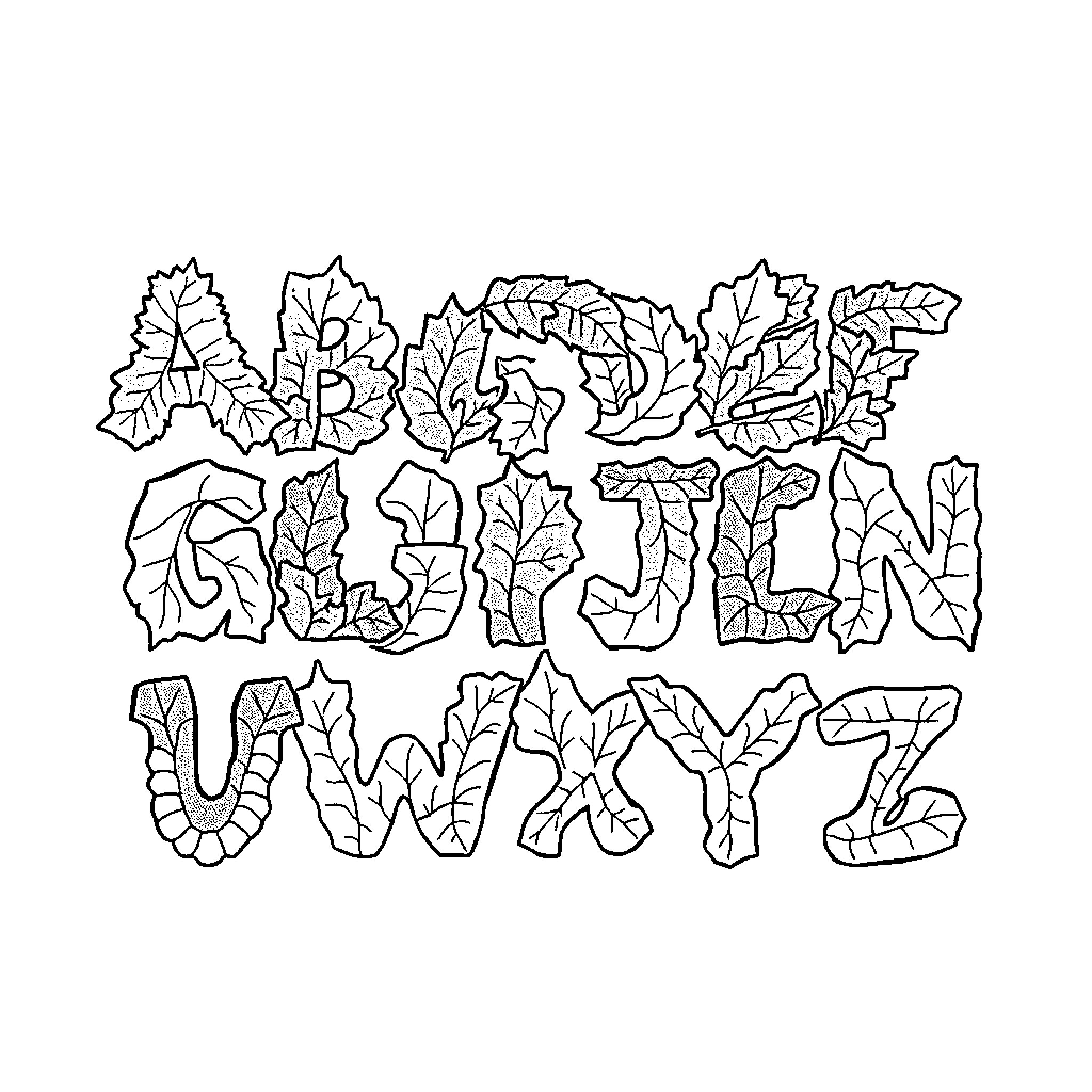 Alphabet Autumn Leaves Forming Letters Coloring Page (free black-and-white line drawing printable PDF for all, from beginners to advanced learners, including children, teens, adults, and seniors)