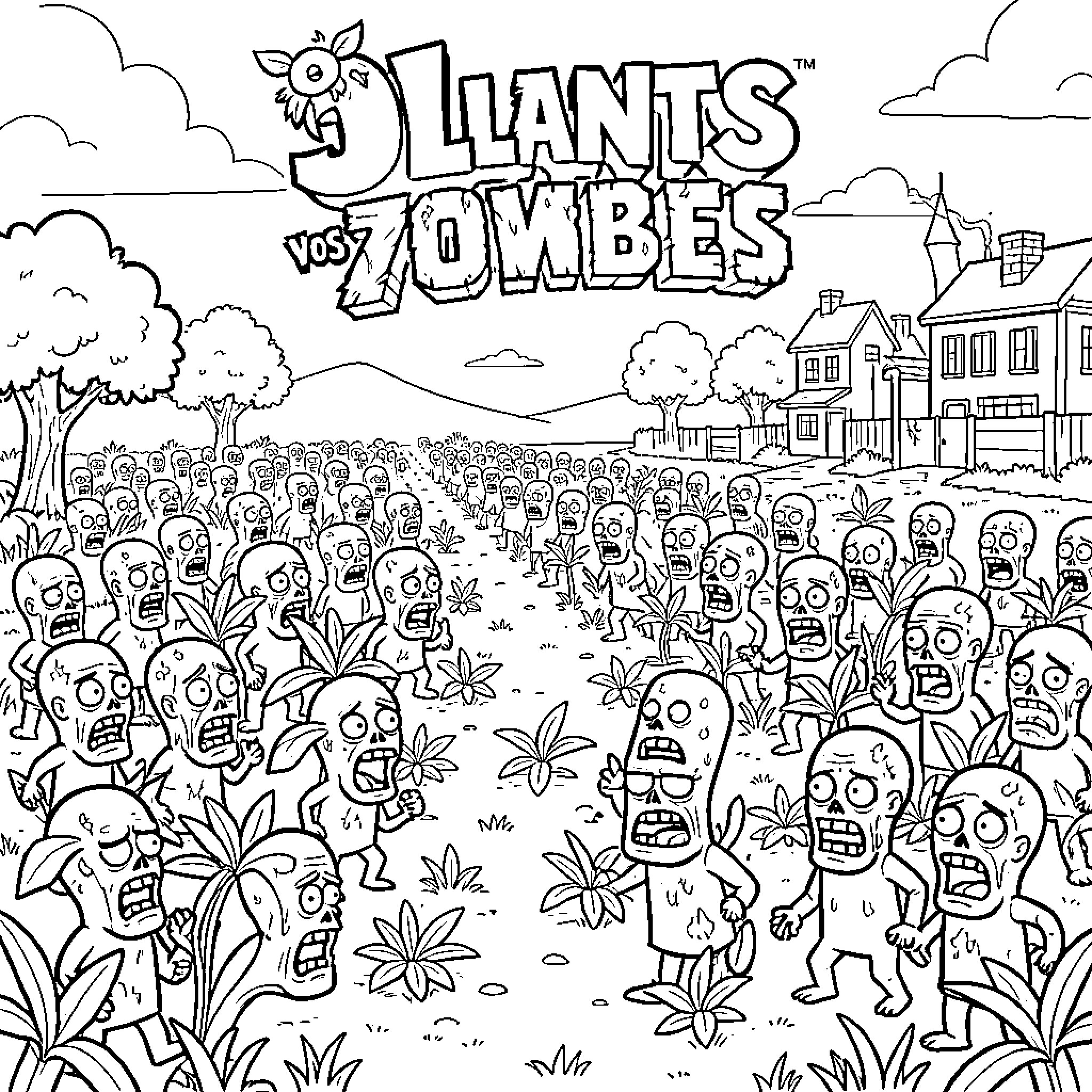 Plants vs. Zombies featuring many zombies in a neighborhood Coloring Page (free black-and-white line drawing printable PDF for all, from beginners to advanced learners, including children, teens, adults, and seniors)