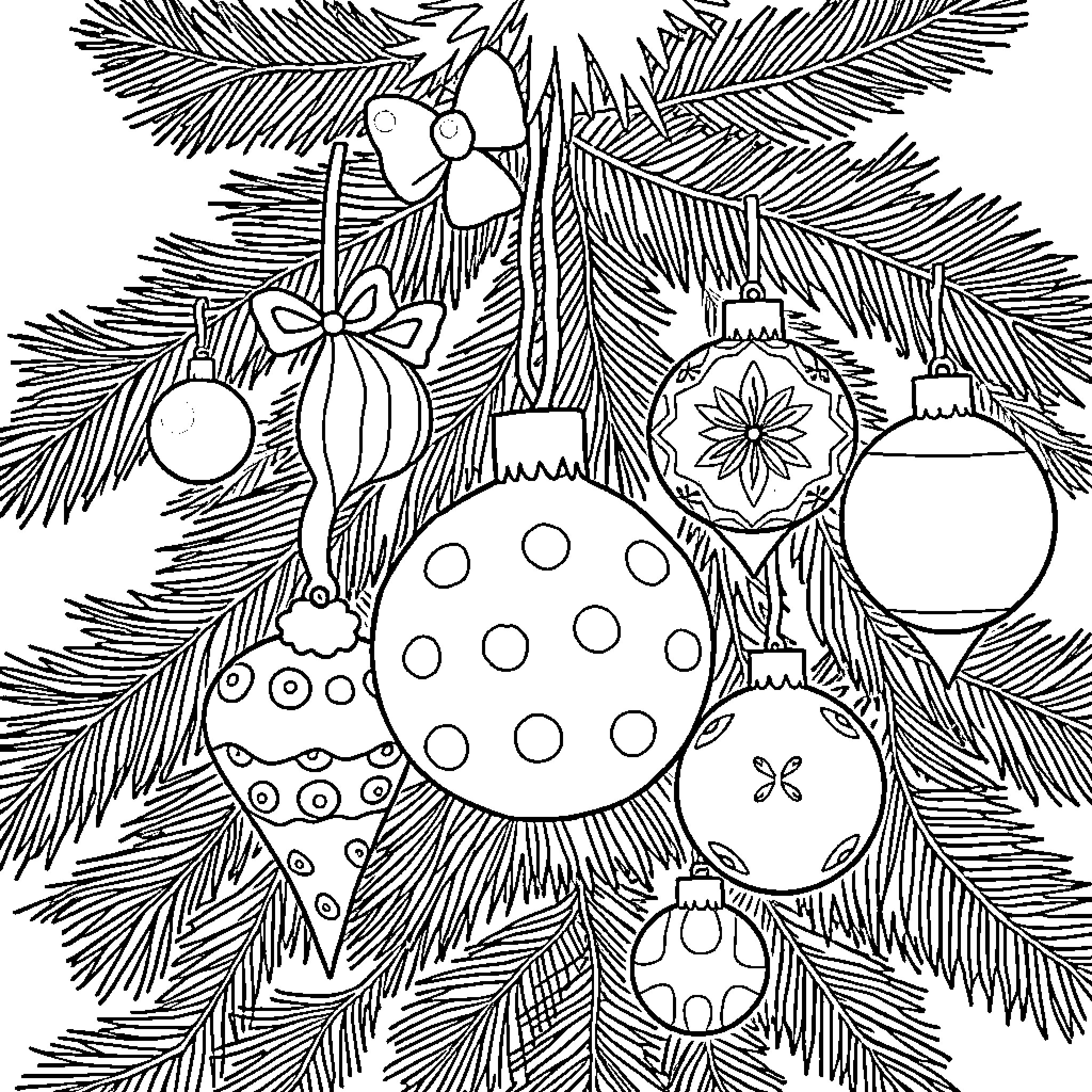Christmas Tree with Decorative Ornaments Coloring Page (free black-and-white line drawing printable PDF for all, from beginners to advanced learners, including children, teens, adults, and seniors)